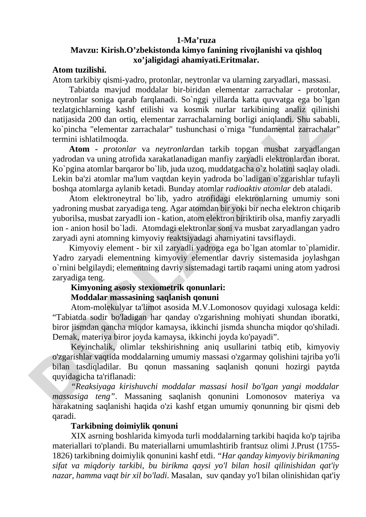 O’zbekistonda kimyo fanining rivojlanishi va qishloq xo’jaligidagi ahamiyati. Eritmalar. Atom tuzilishi