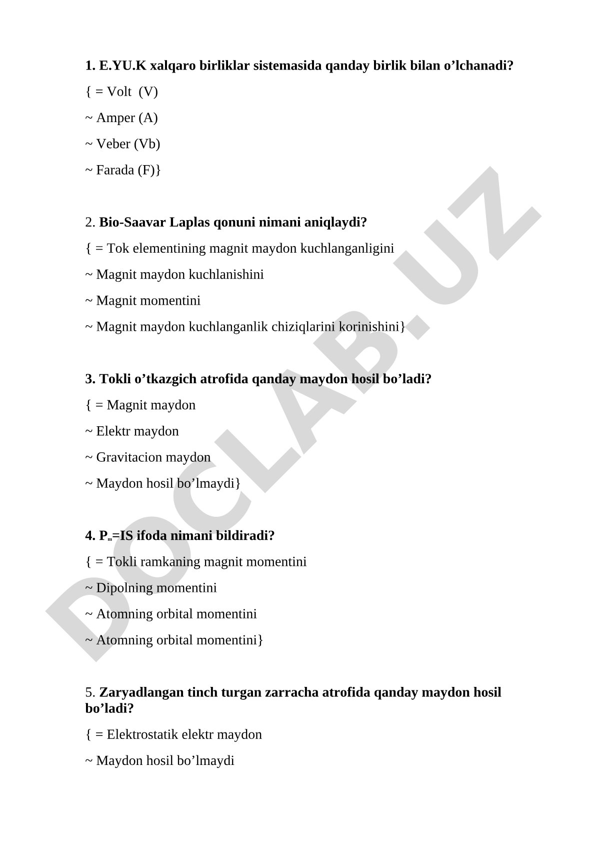 Elektromagnetizm bo'yicha test savollari