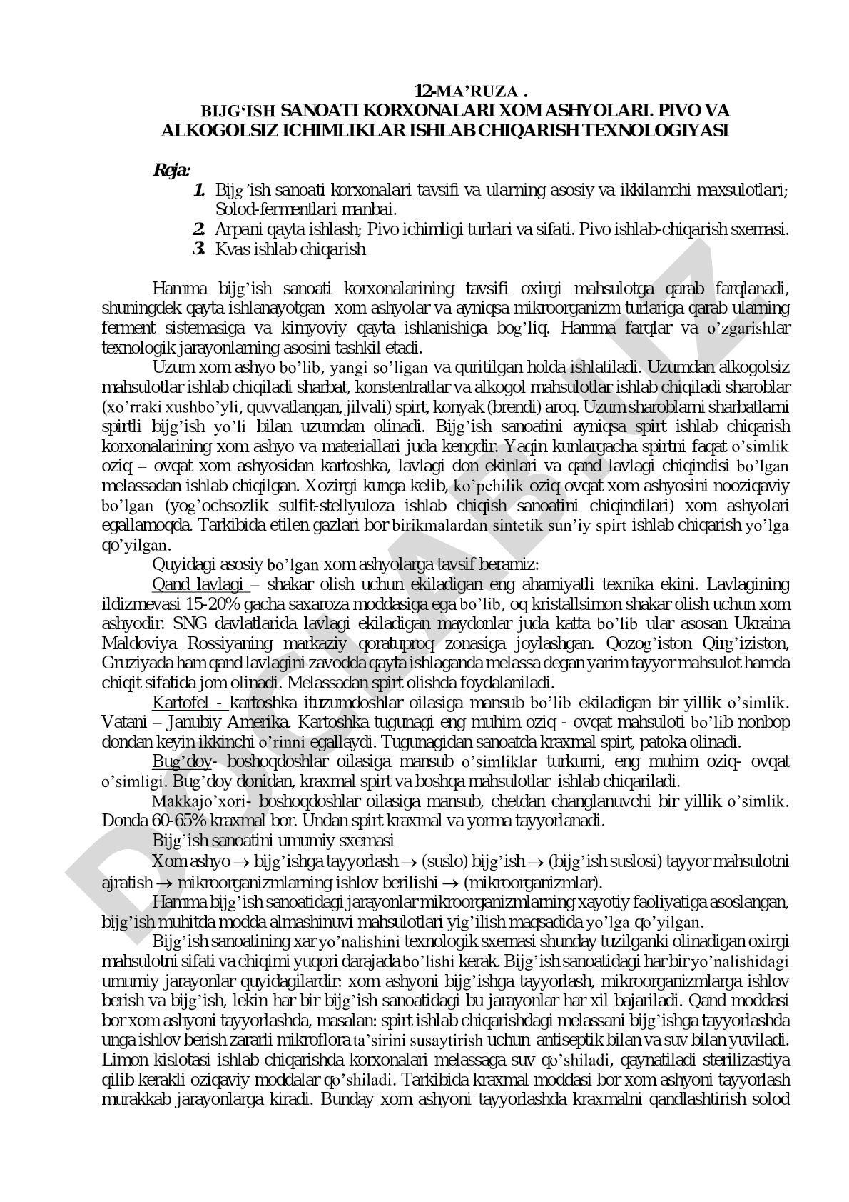 Bijg‘ish sanoati korxonalari xom ashyolari. Pivo va alkogolsiz ichimliklar ishlab chiqarish texnologiyasi