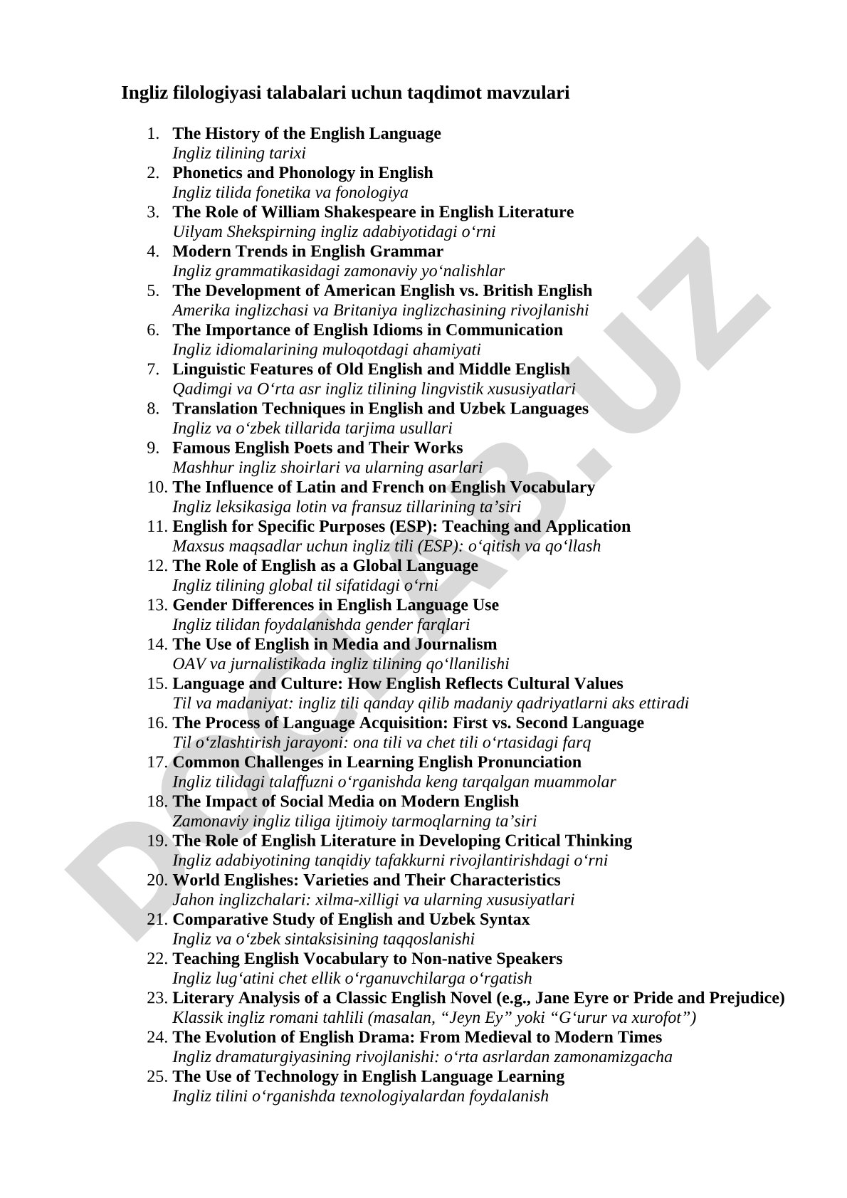 Ingliz filologiyasi talabalari uchun mavzulari