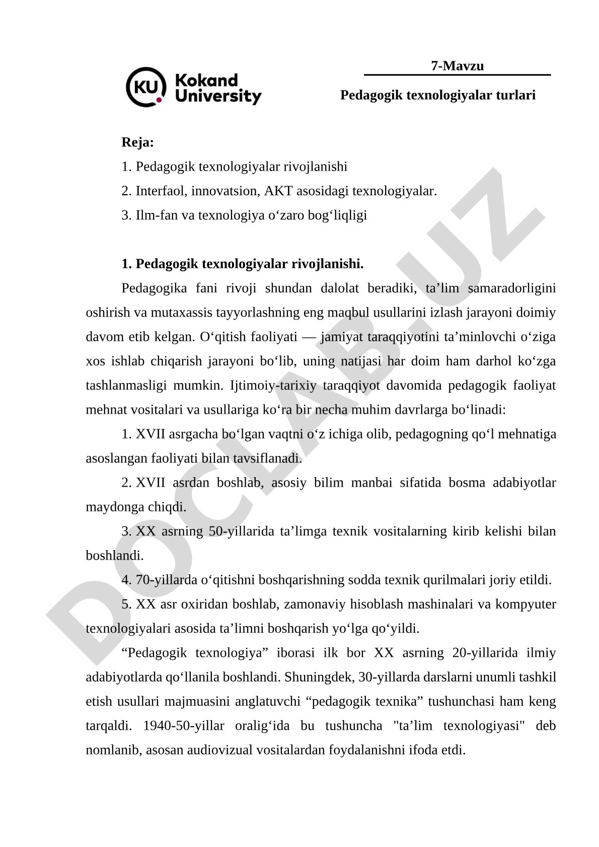 Pedagogik texnologiyalar turlari, rivojlanish bosqichlari va AKT asosidagi texnologiyalar