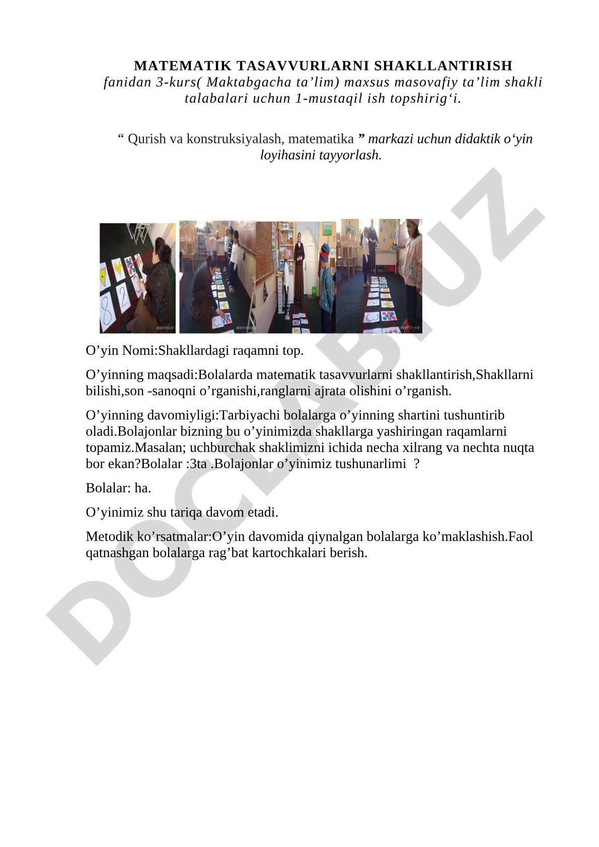Matematik tasavvurlarni shakllantirish uchun didaktik o'yin loyihasi
