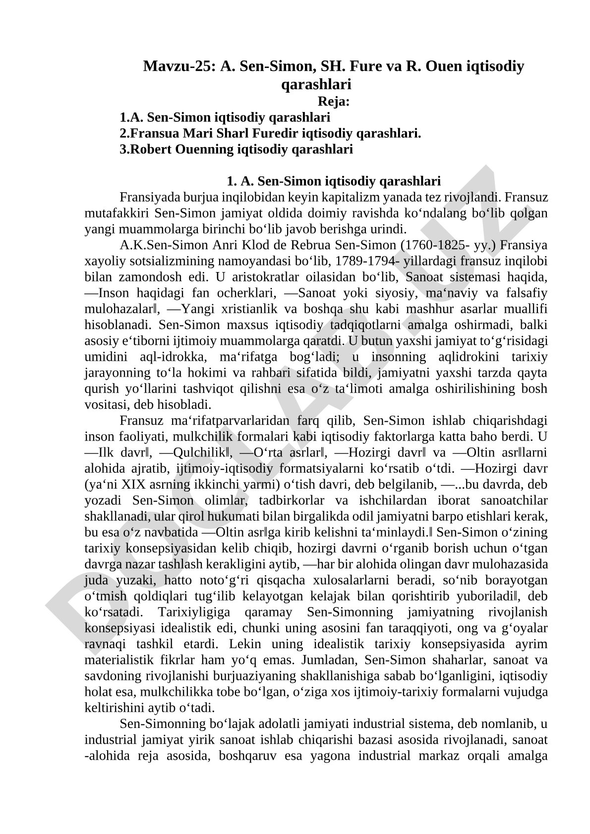 A. Sen-Simon, SH. Fure va R. Ouen iqtisodiy qarashlari