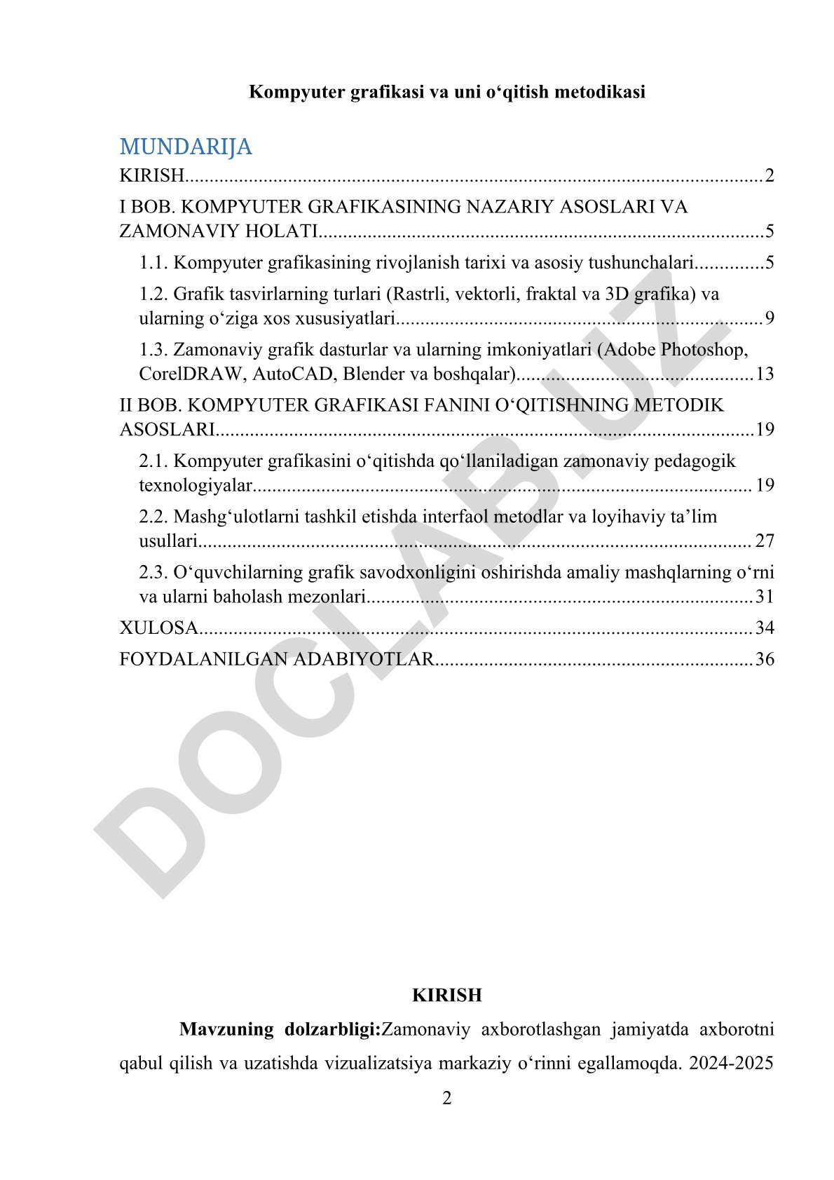Kompyuter grafikasi va uni o‘qitish metodikasi