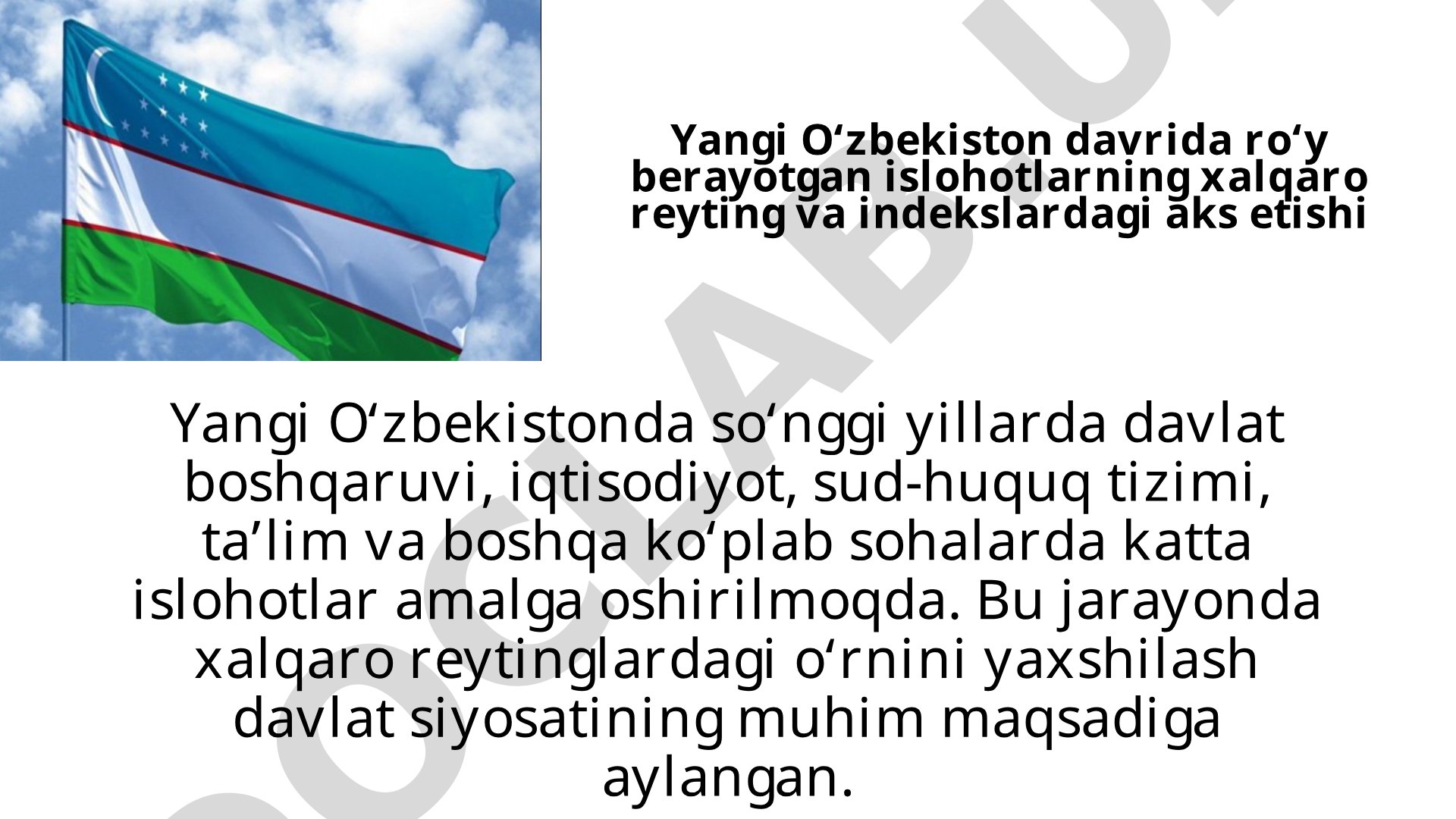 Yangi O'zbekiston davrida ro'y berayotgan islohotlarning xalqaro reyting va indekslardagi aks etishi