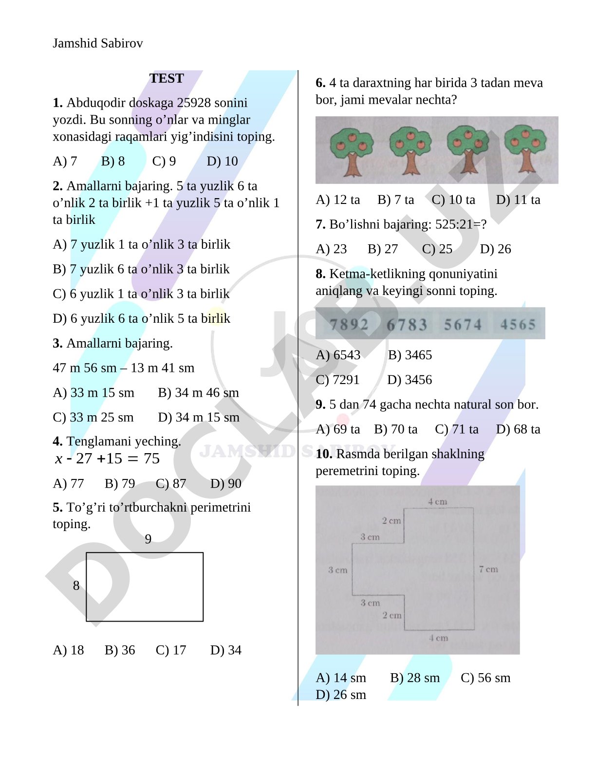 Matematik amallar va sonlar testi