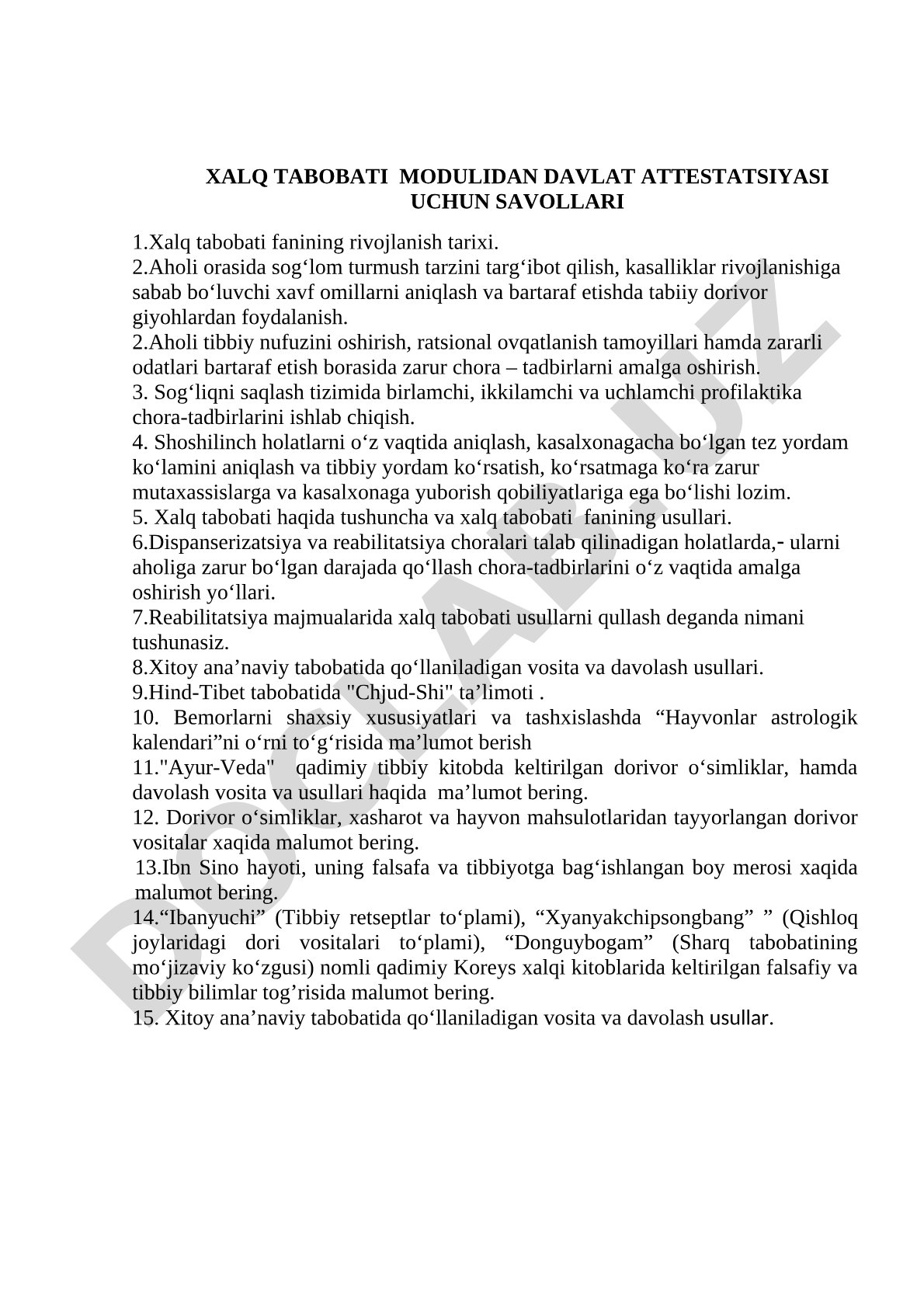 Xalq tabobati modulidan davlat attestatsiyasi uchun savollari