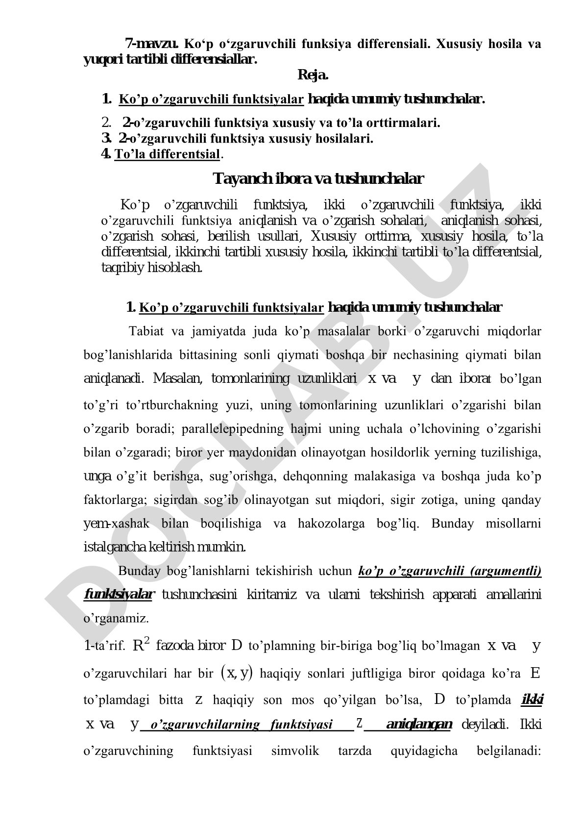 Ko‘p o‘zgaruvchili funksiya differensiali. Xususiy hosila va yuqori tartibli differensiallar
