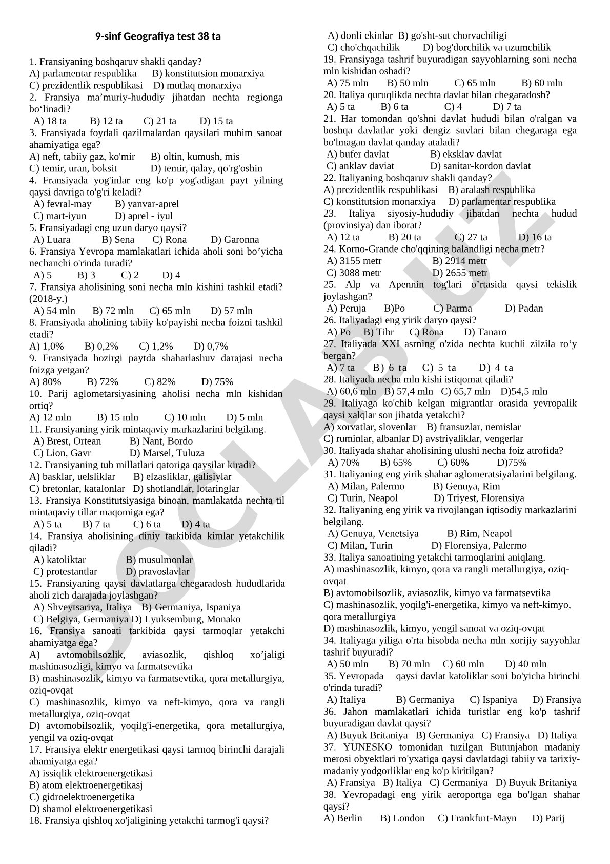 9-sinf Geografiya test 38 ta