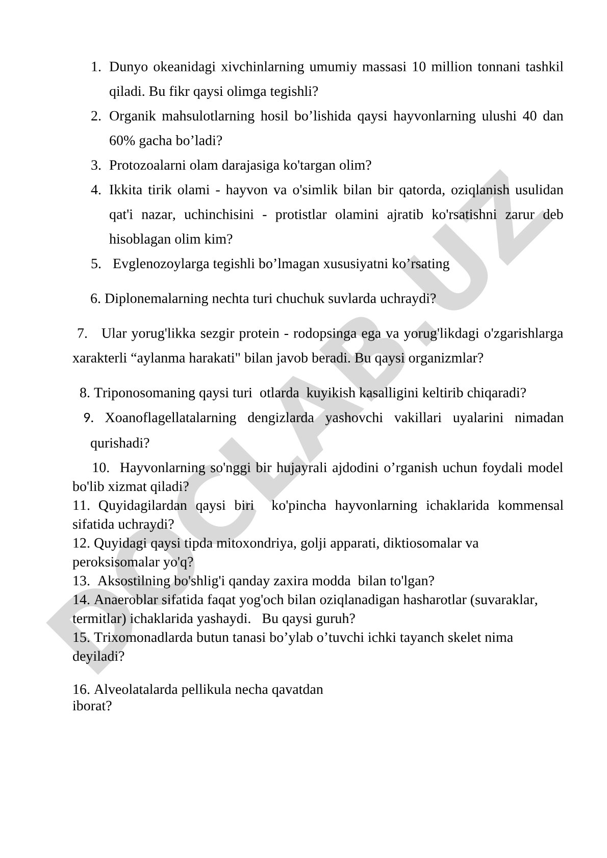 Protistlar va sodda hayvonlar bo'yicha savollar