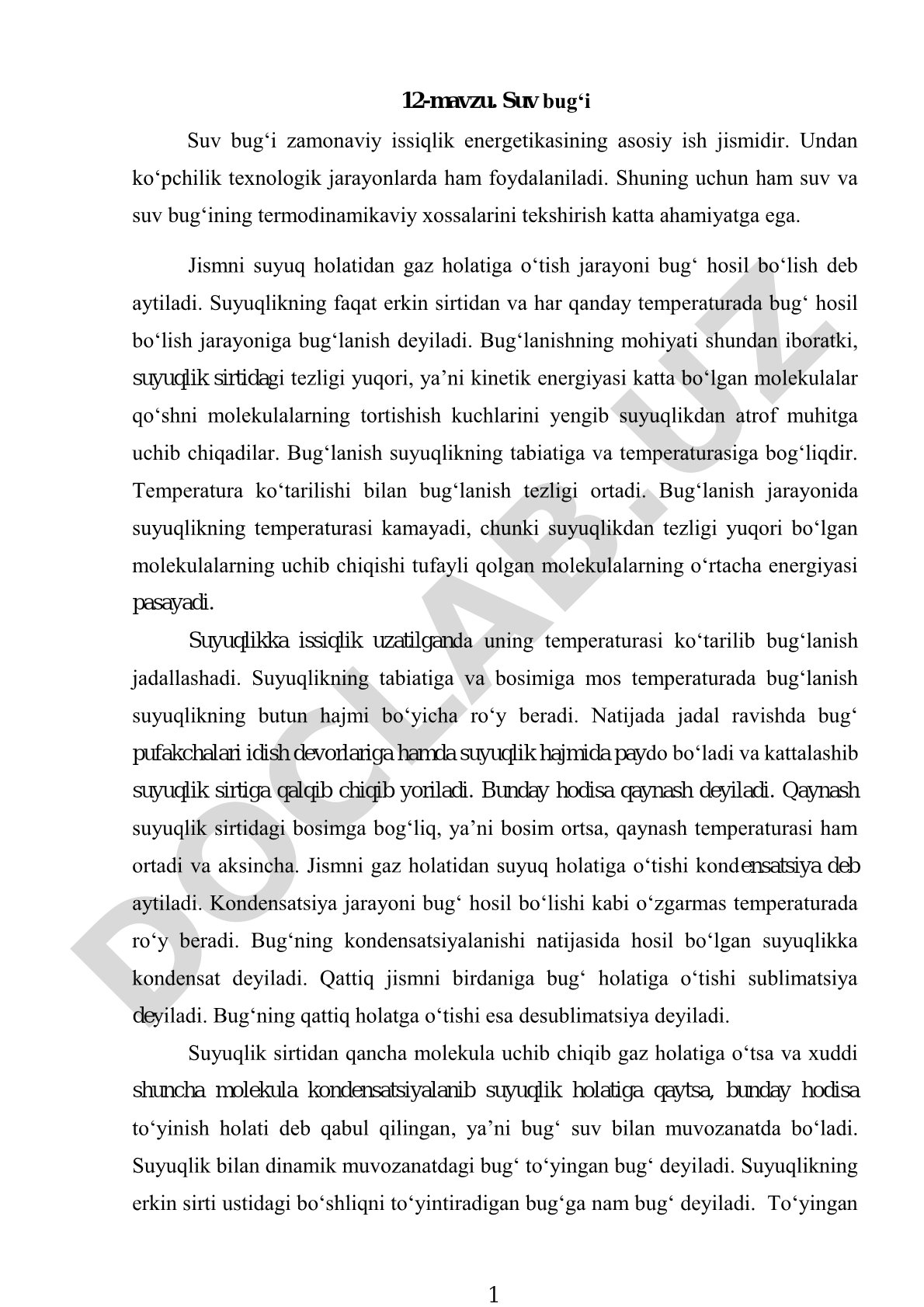 Suv bug‘i Suv bug‘i zamonaviy issiqlik energetikasining asosiy ish jismidir