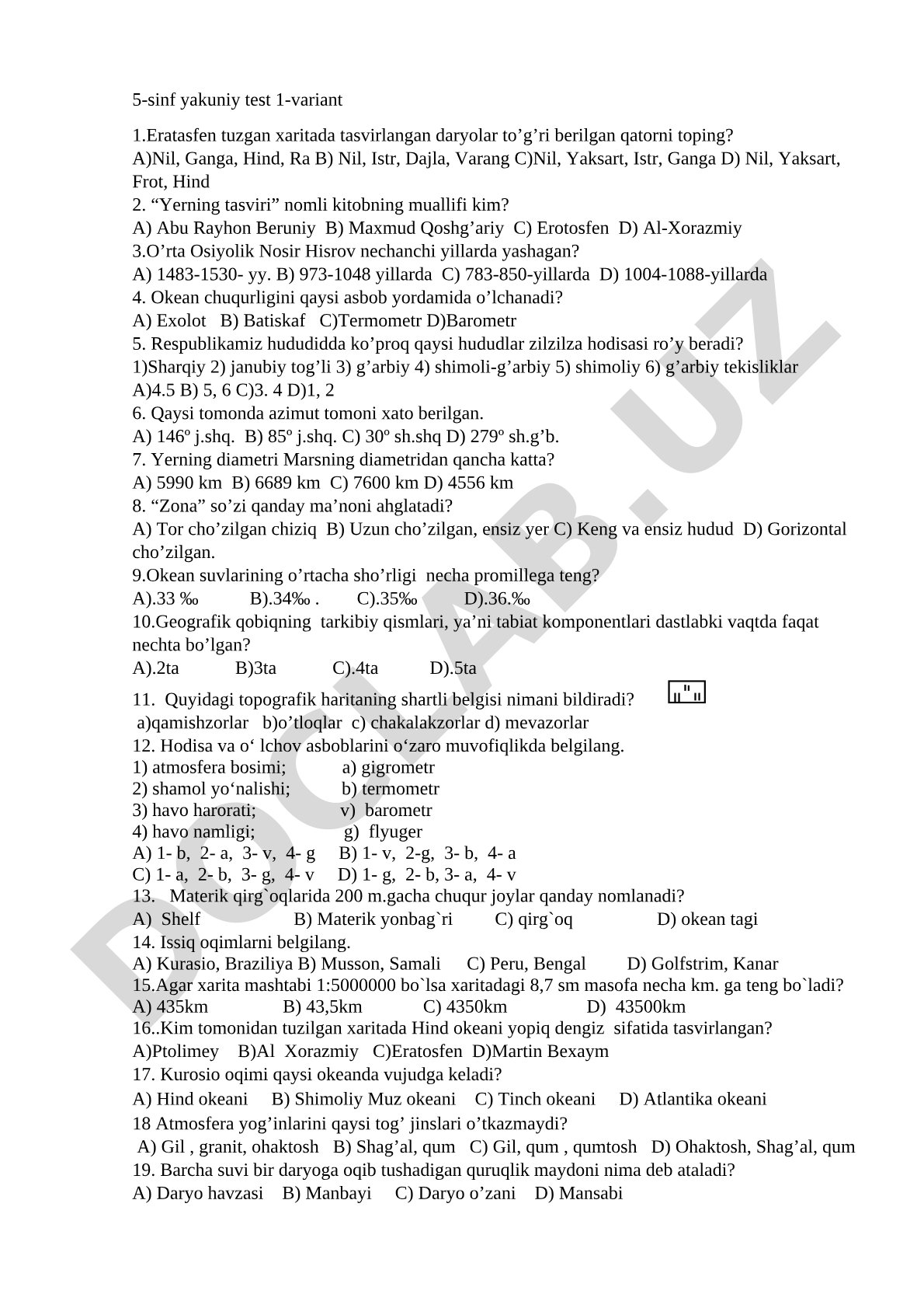 5-sinf geografiya yakuniy test 1-variant