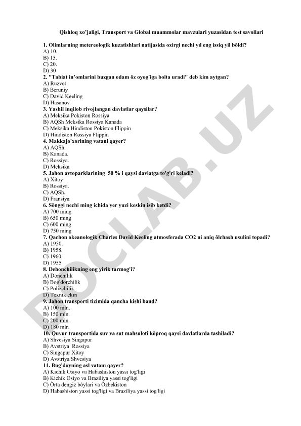 Qishloq xo'jaligi, Transport va Global muammolar test savollari