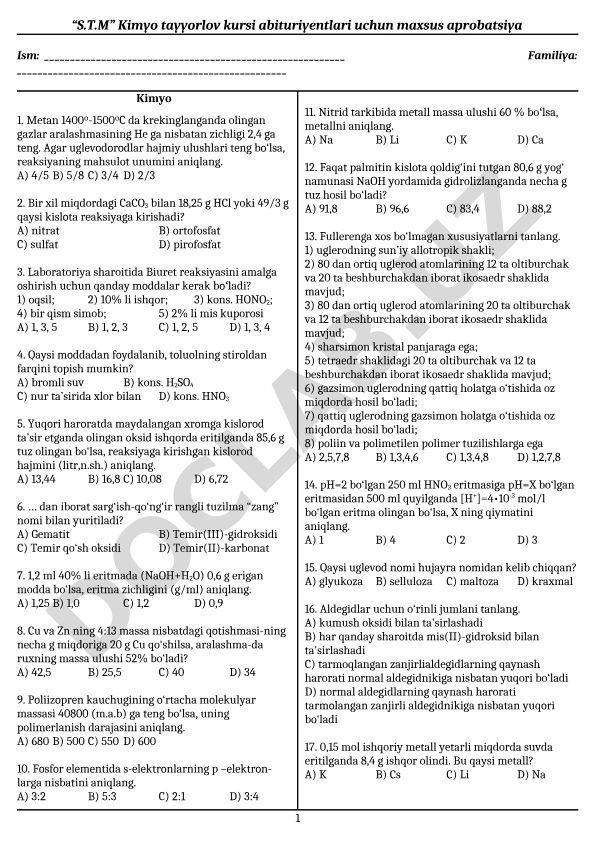 Kimyo fanidan test savollari to'plami