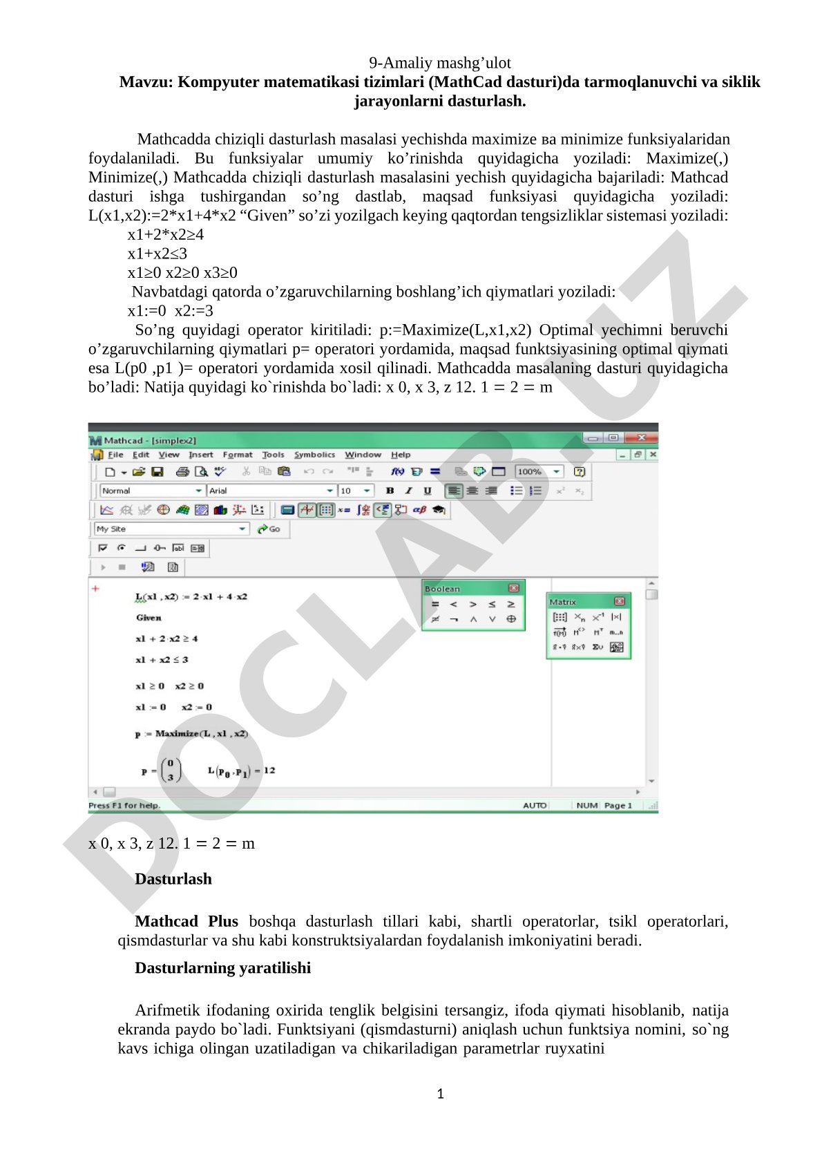 Kompyuter matematikasi tizimlari (MathCad dasturi)da tarmoqlanuvchi va siklik jarayonlarni dasturlash