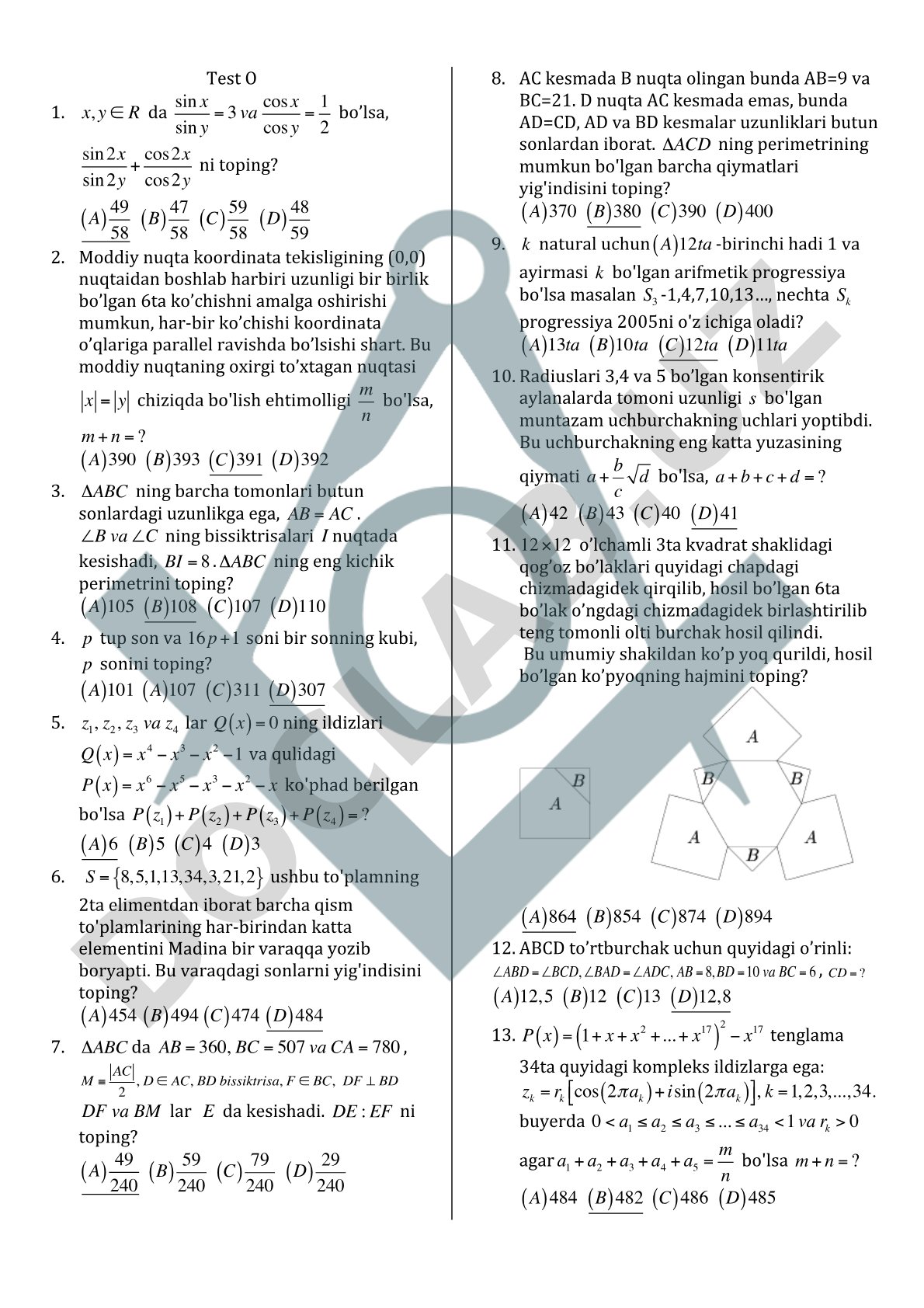 Matematik test: trigonometriya, ehtimollik, geometriya va sonlar nazariyasi