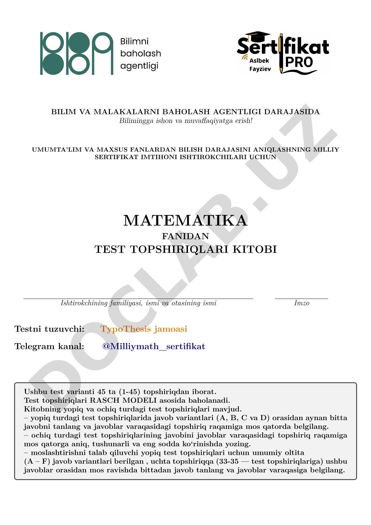 Matematika fanidan milliy sertifikat test topshiriqlari