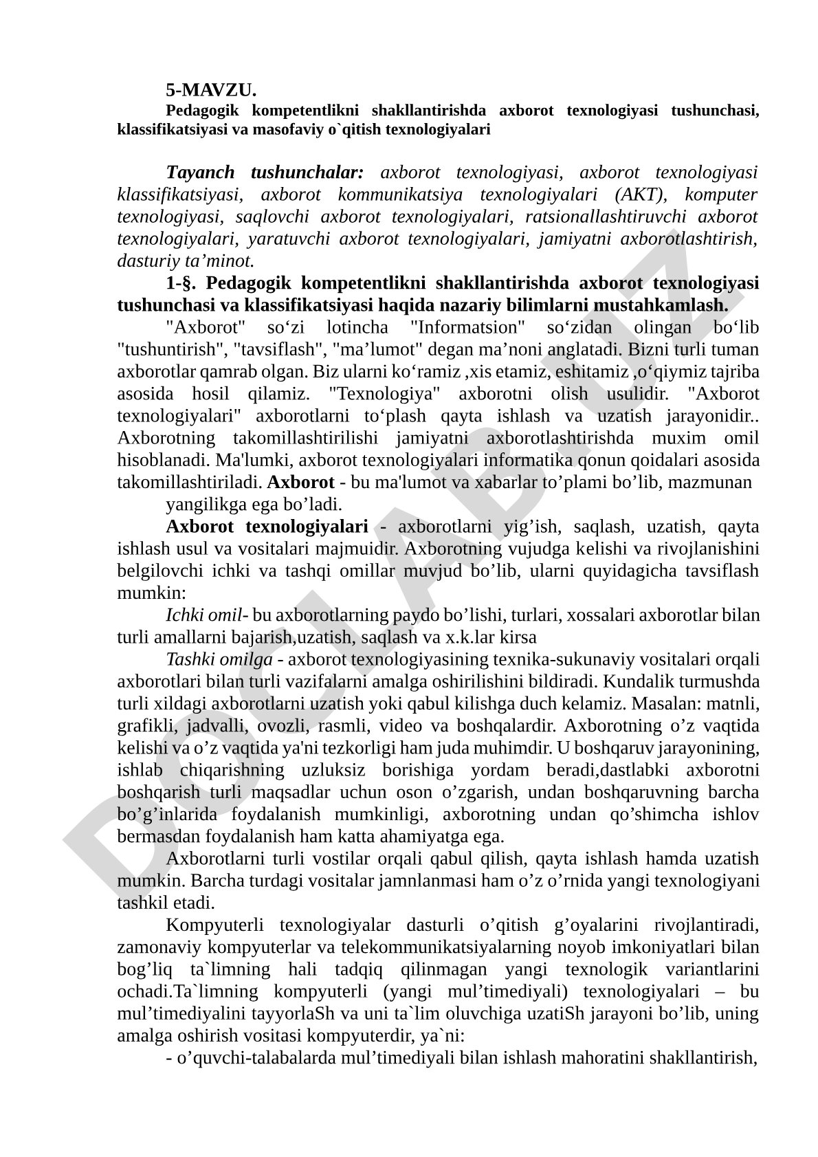 Pedagogik kompetentlikni shakllantirishda axborot texnologiyasi tushunchasi, klassifikatsiyasi va masofaviy o'qitish texnologiyalari