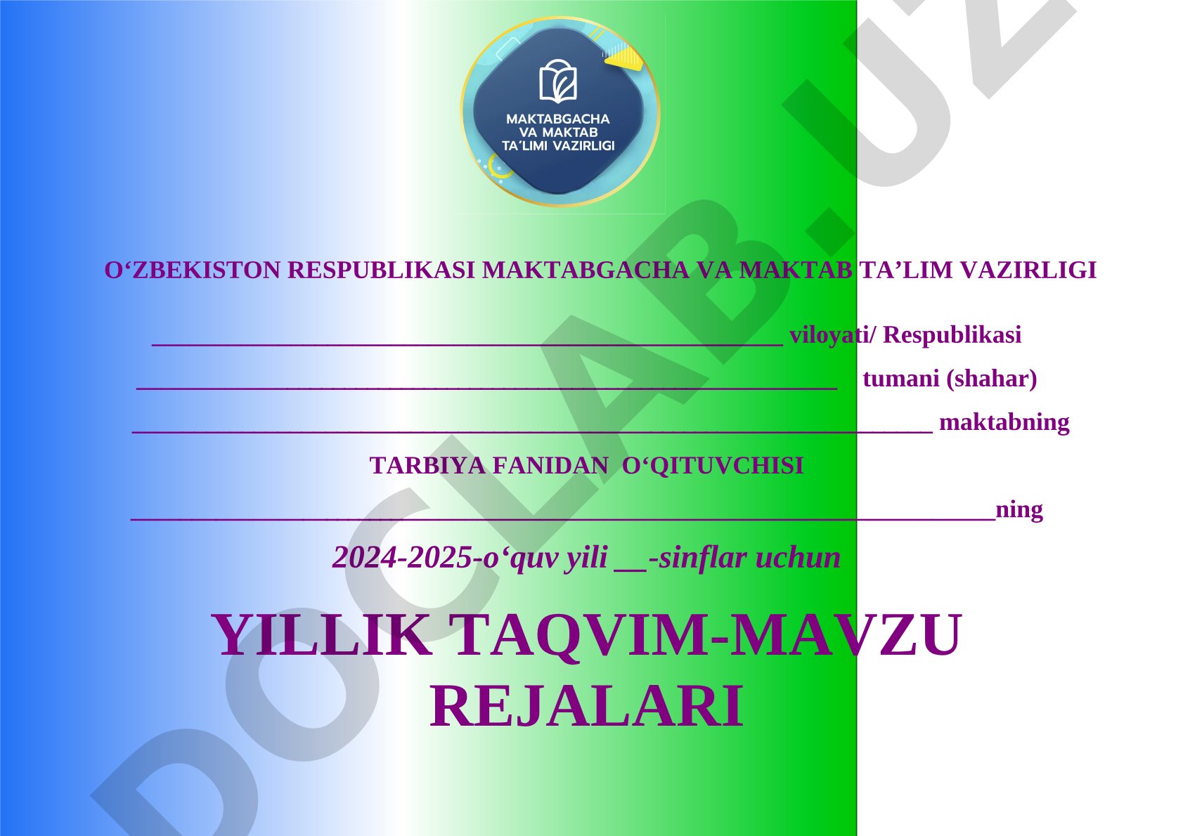 1-sinf Tarbiya fani bo'yicha yillik taqvim-mavzu rejalari