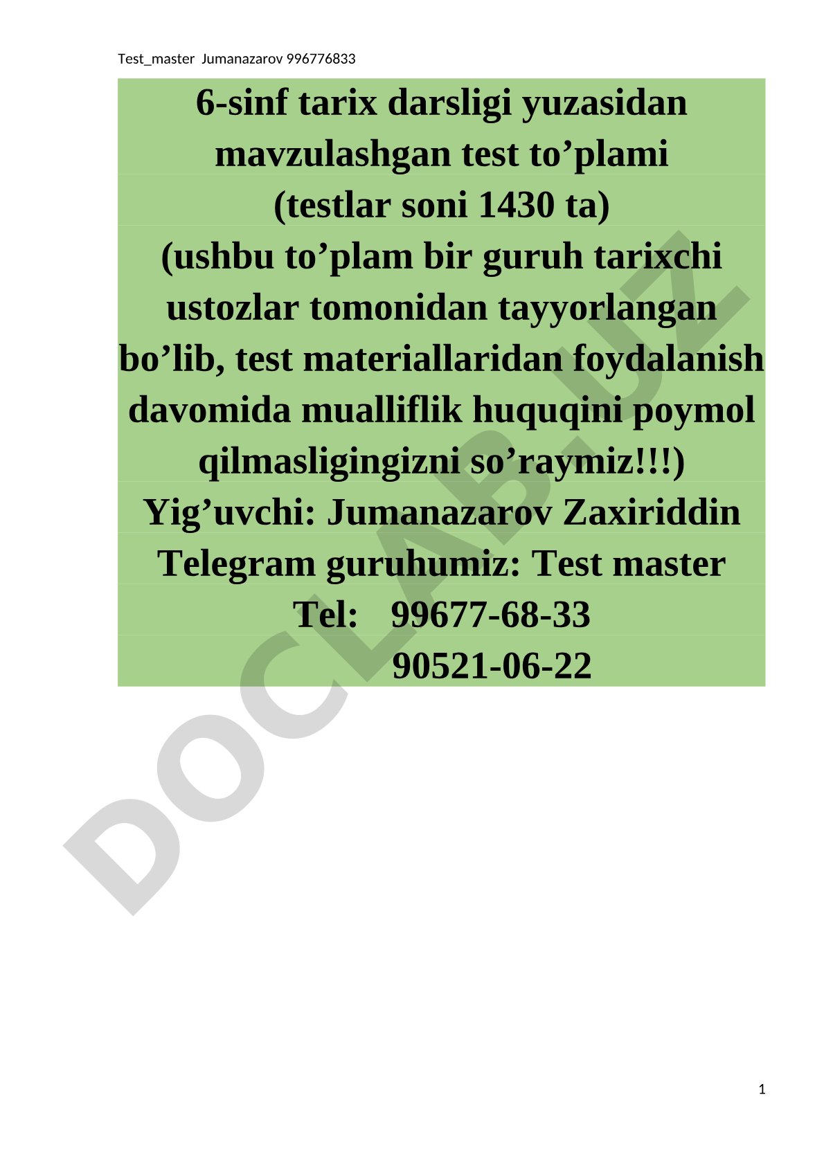 6-sinf tarix darsligi bo'yicha test to'plami