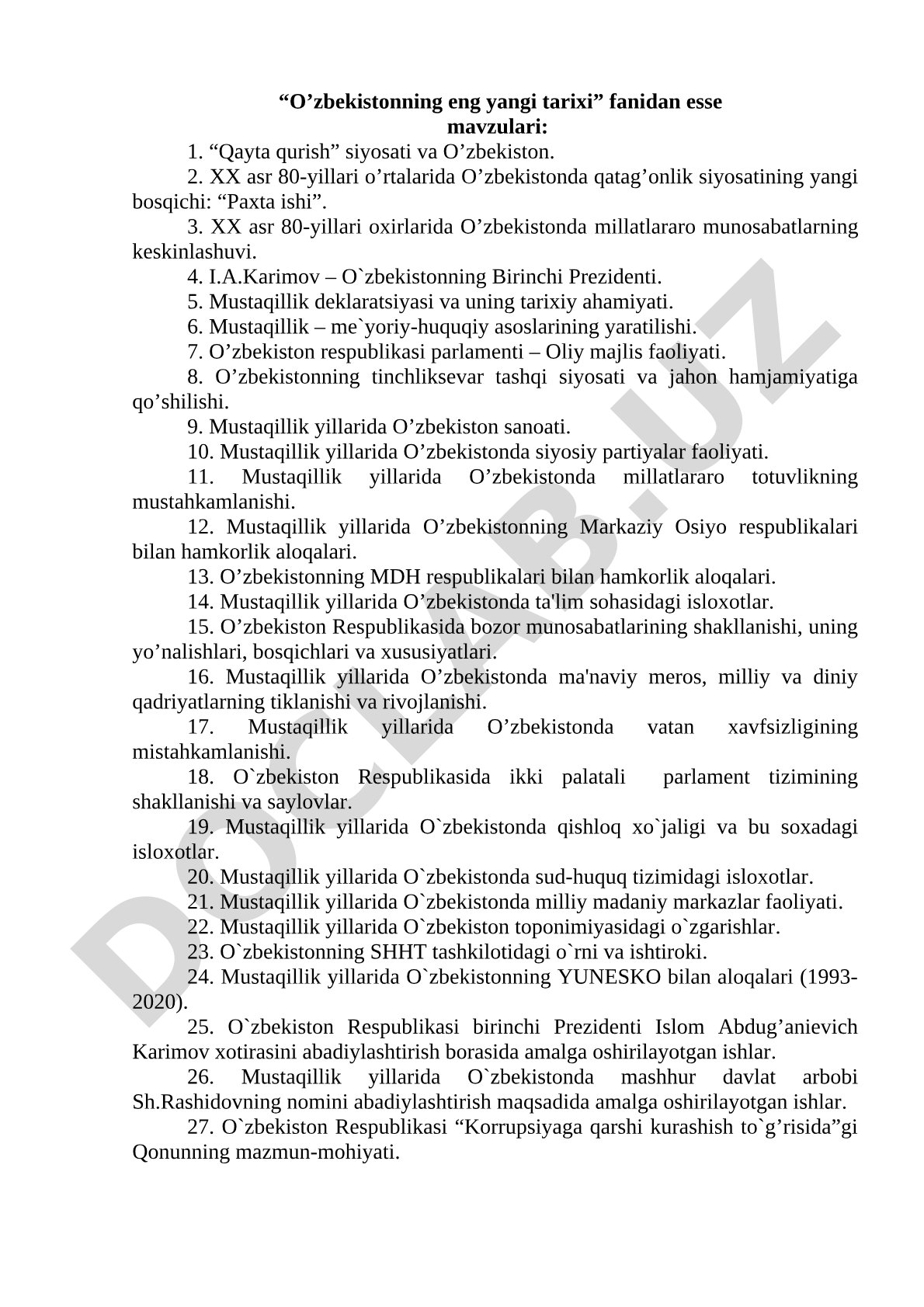 O'zbekistonning eng yangi tarixi fanidan esse mavzulari