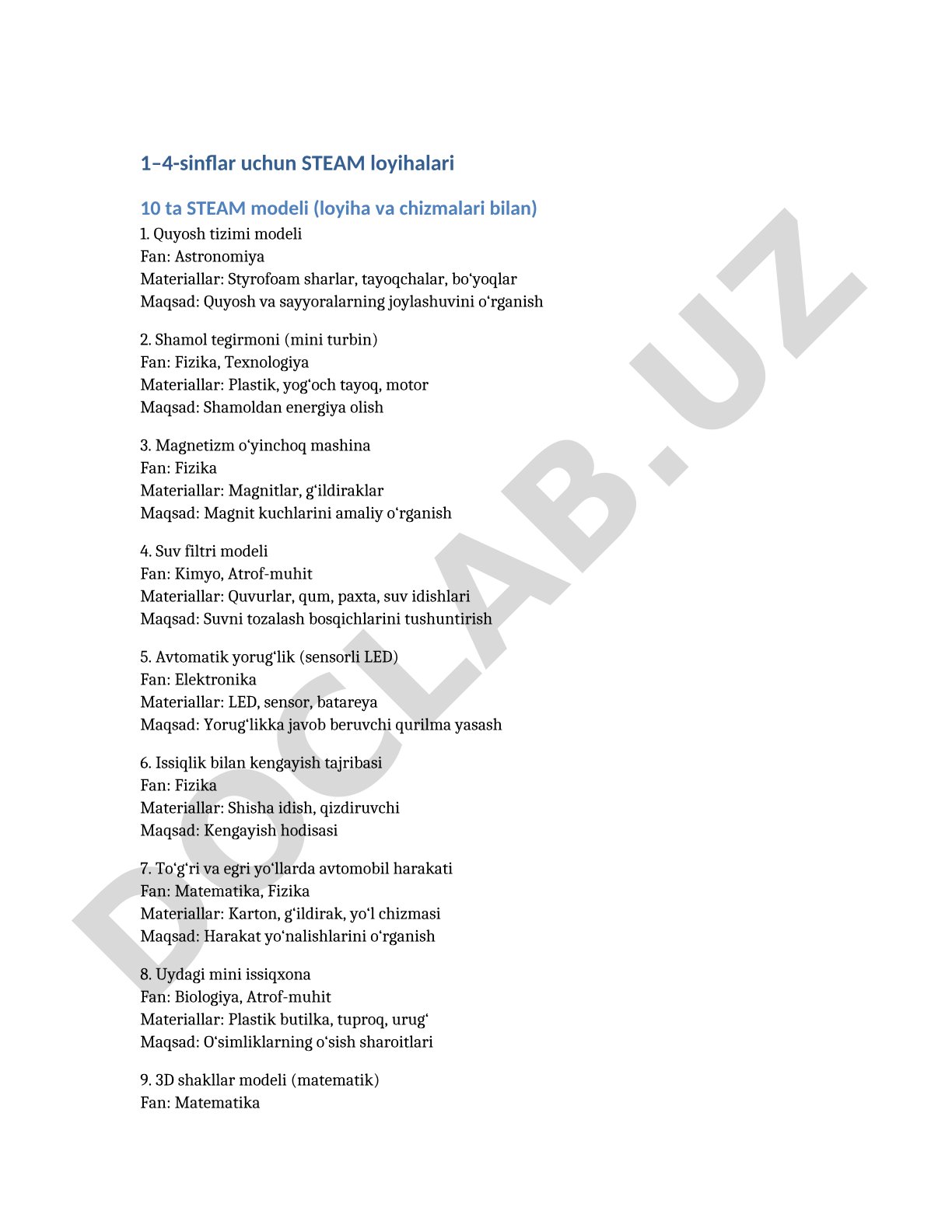 1–4-sinflar uchun STEAM loyihalari