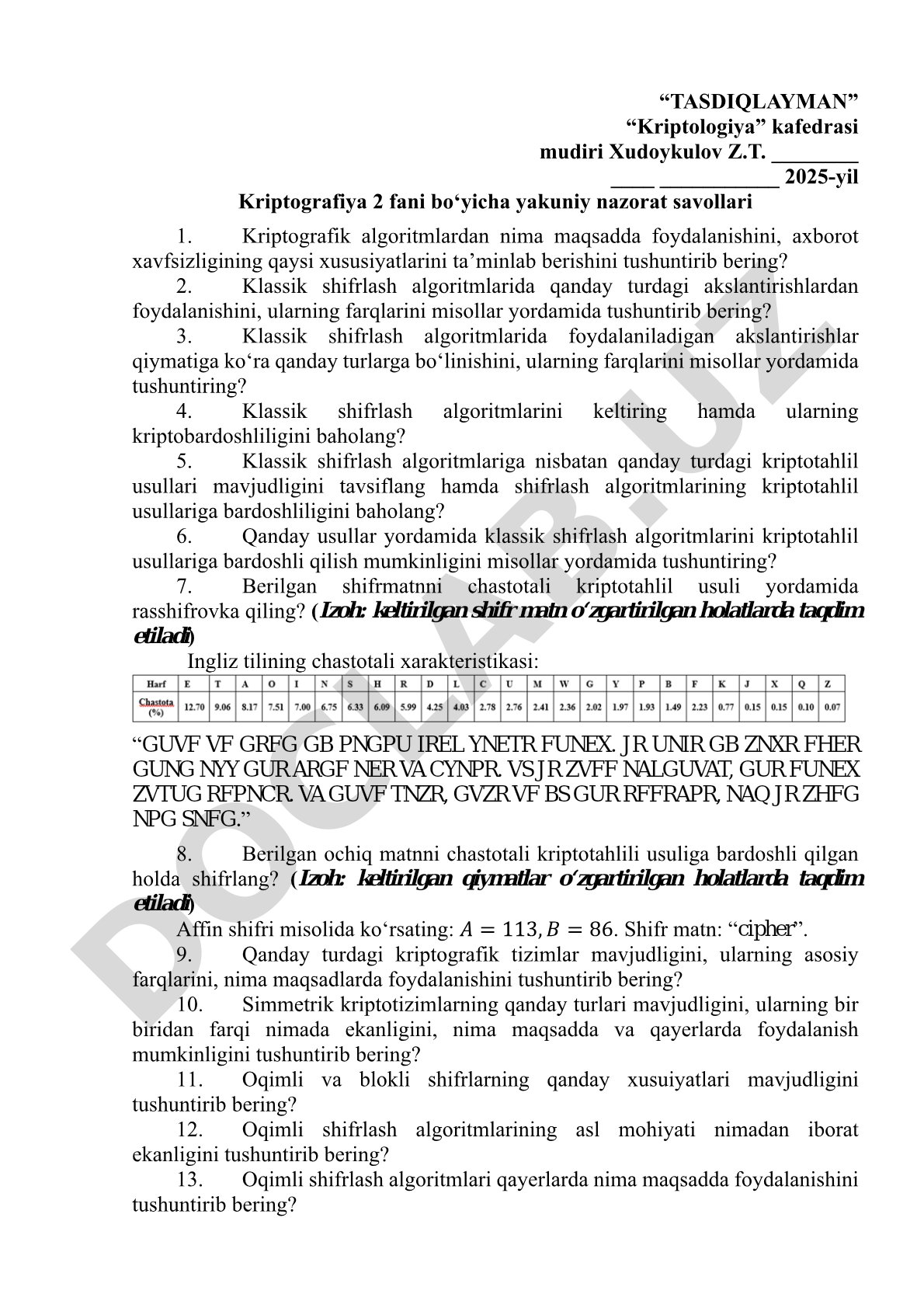 Kriptografiya 2 fani bo‘yicha yakuniy nazorat savollari