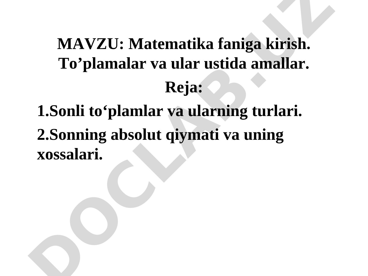 Matematika faniga kirish. To'plamalar va ular ustida amallar