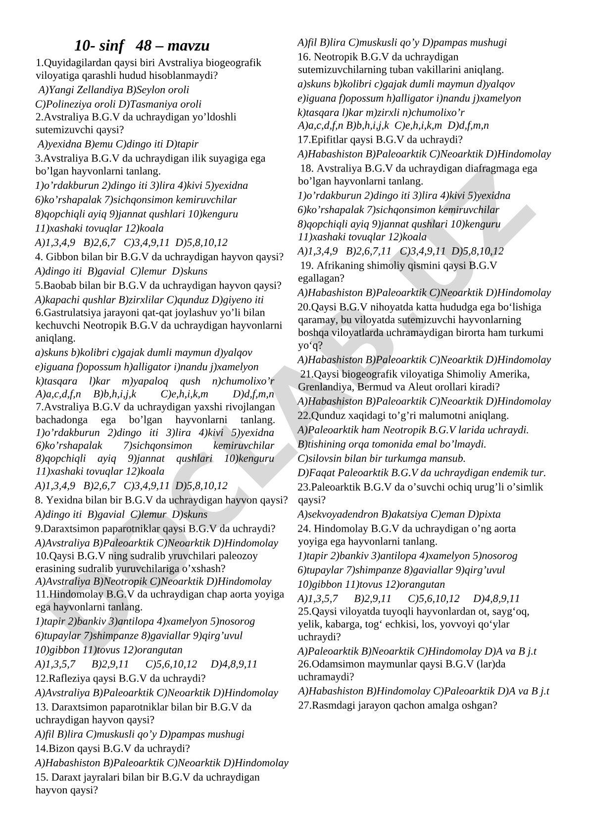 Avstraliya biogeografik viloyati test savollari