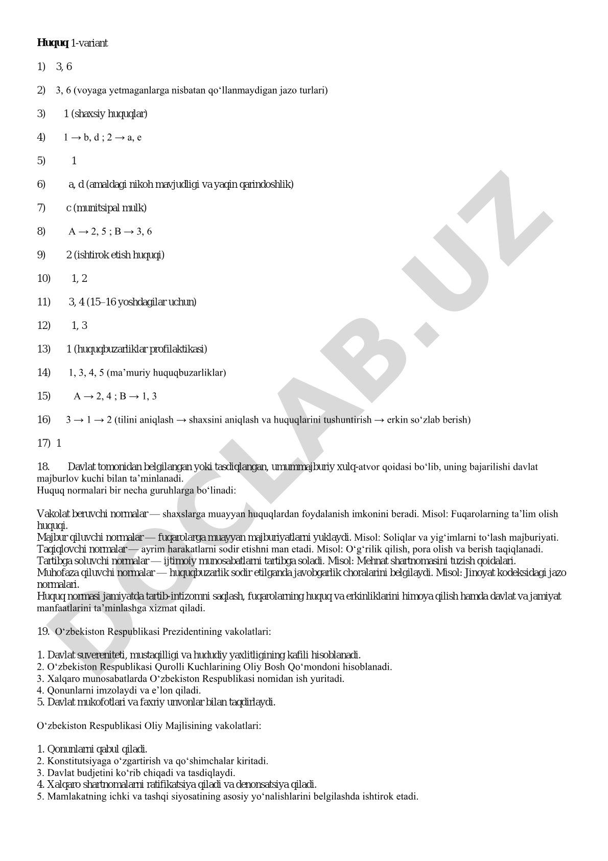 Huquq normalari bo‘yicha test javoblari