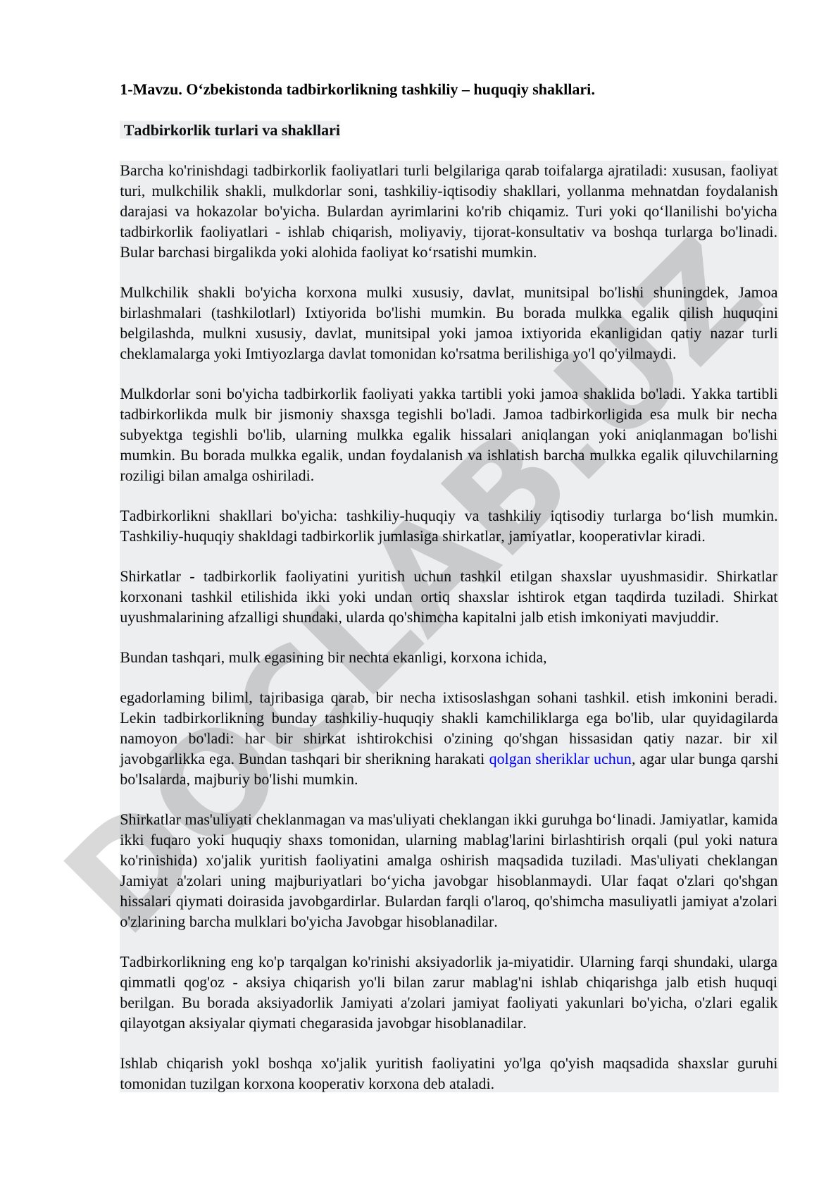 O‘zbekistonda tadbirkorlikning tashkiliy – huquqiy shakllari. Tadbirkorlik turlari va shakllari