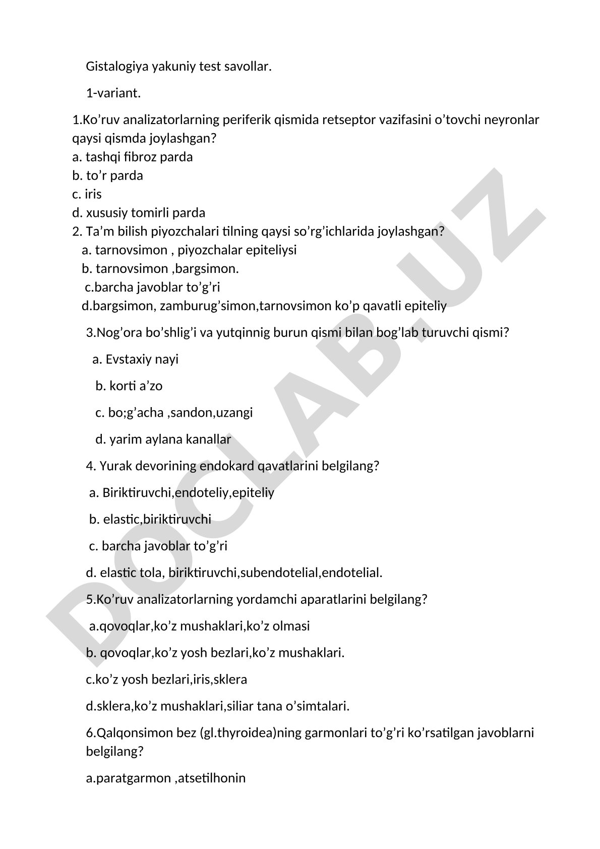 Gistalogiya yakuniy test savollari