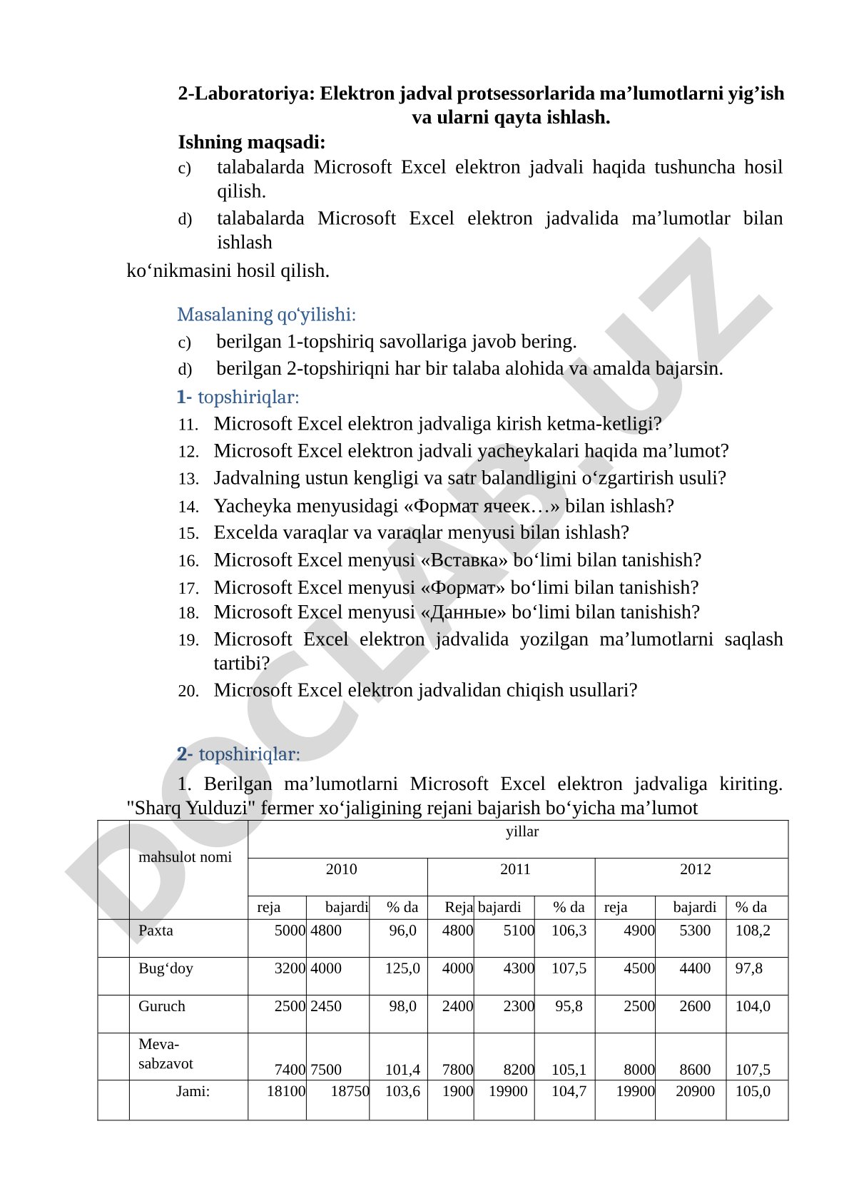Elektron jadval protsessorlarida ma’lumotlarni yig’ish va ularni qayta ishlash