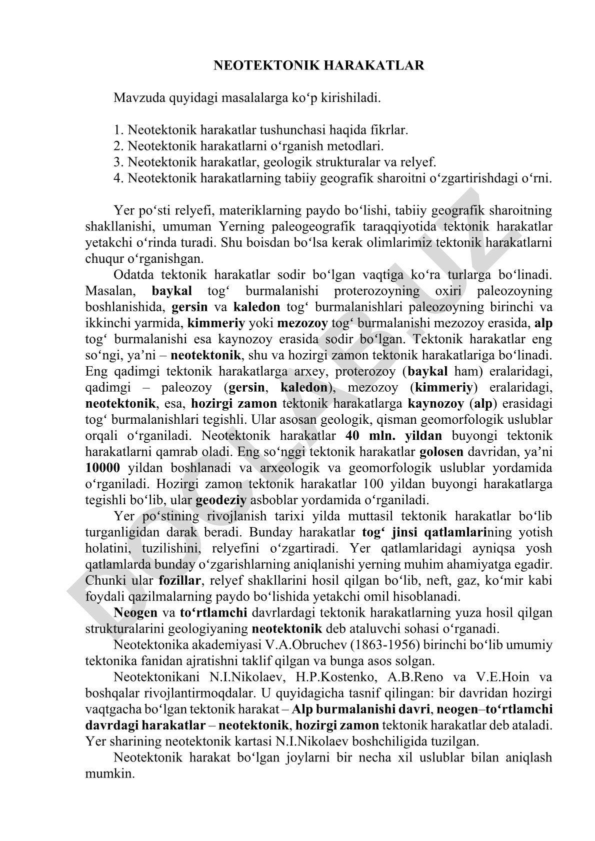 Neotektonik harakatlar tushunchasi, metodlari va tabiiy geografik sharoitga ta'siri