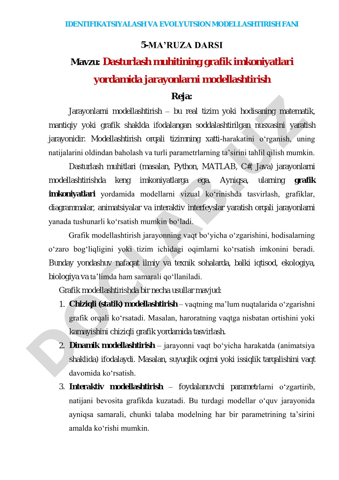 Dasturlash muhitining grafik imkoniyatlari yordamida jarayonlarni modellashtirish