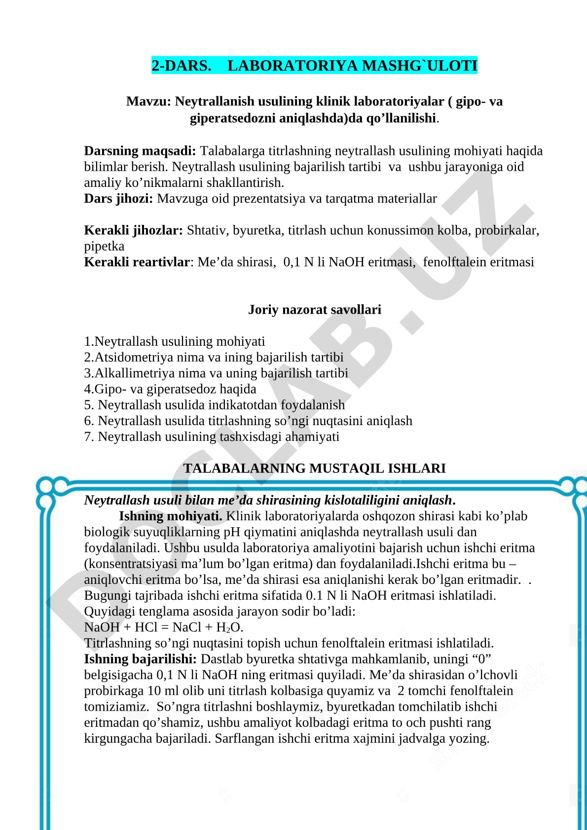 Neytrallash usulining klinik laboratoriyalarda qo'llanilishi