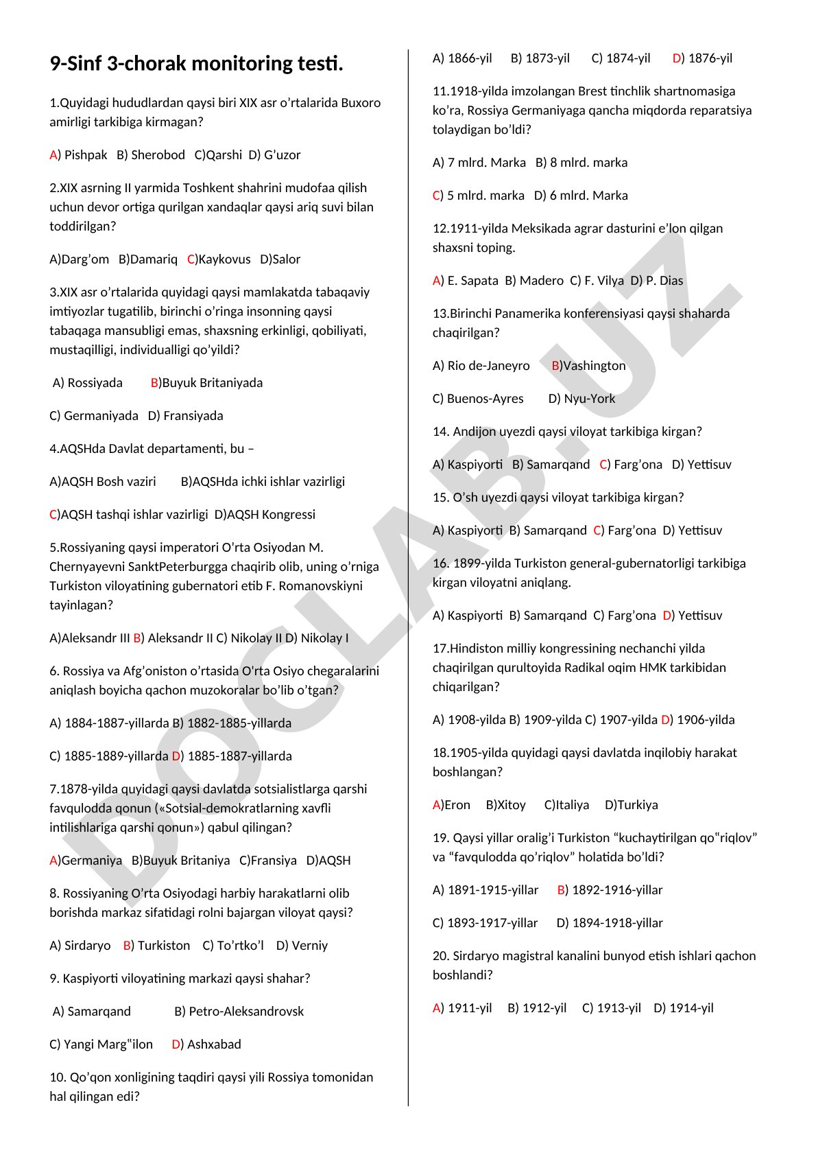 9-sinf 3-chorak tarix monitoring testi