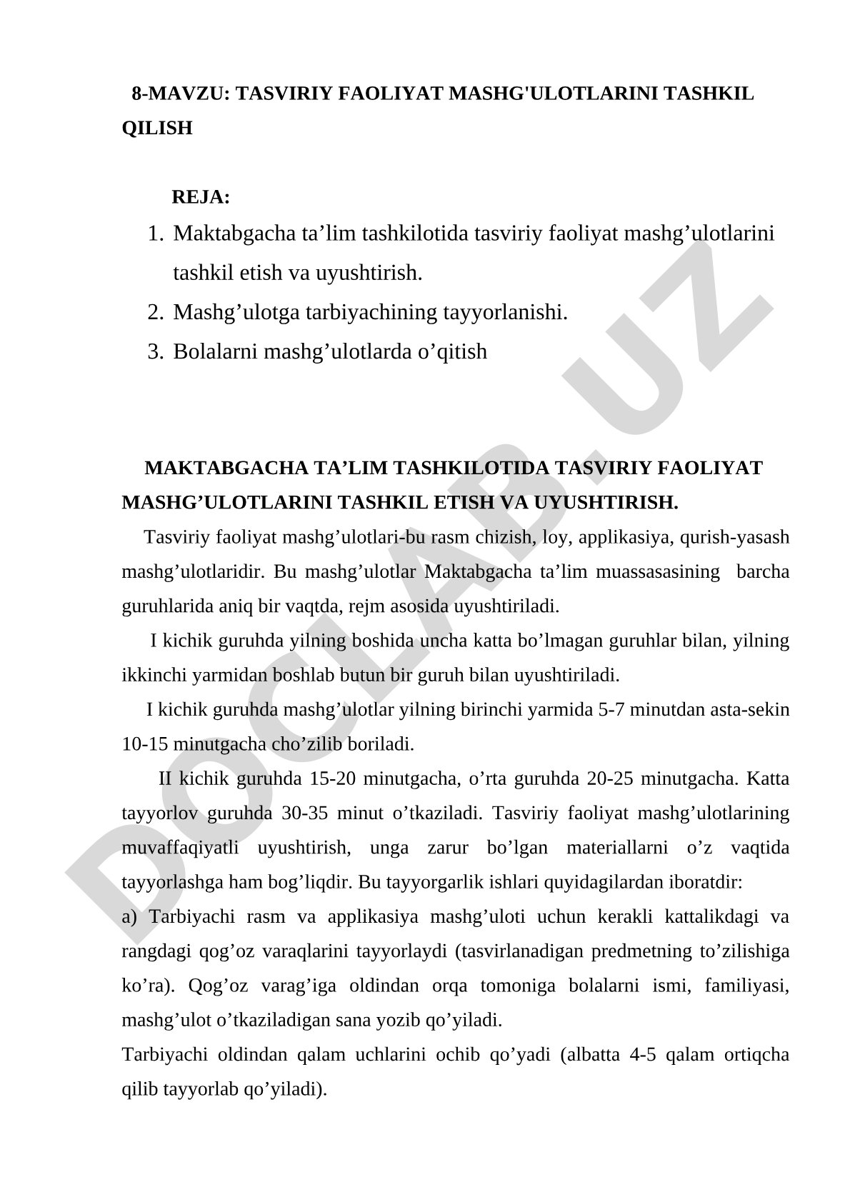 Tasviriy faoliyat mashg'ulotlarini tashkil qilish