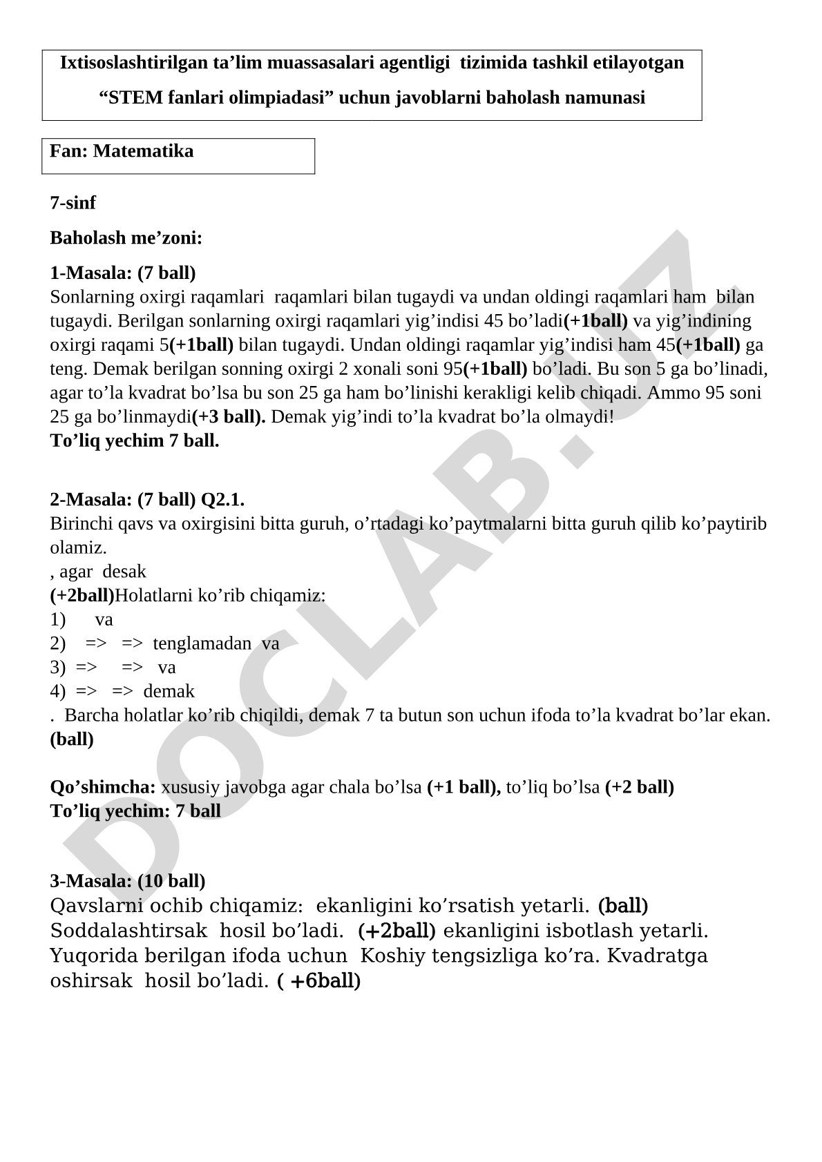 STEM olimpiadasi matematika 7-sinf baholash namunasi