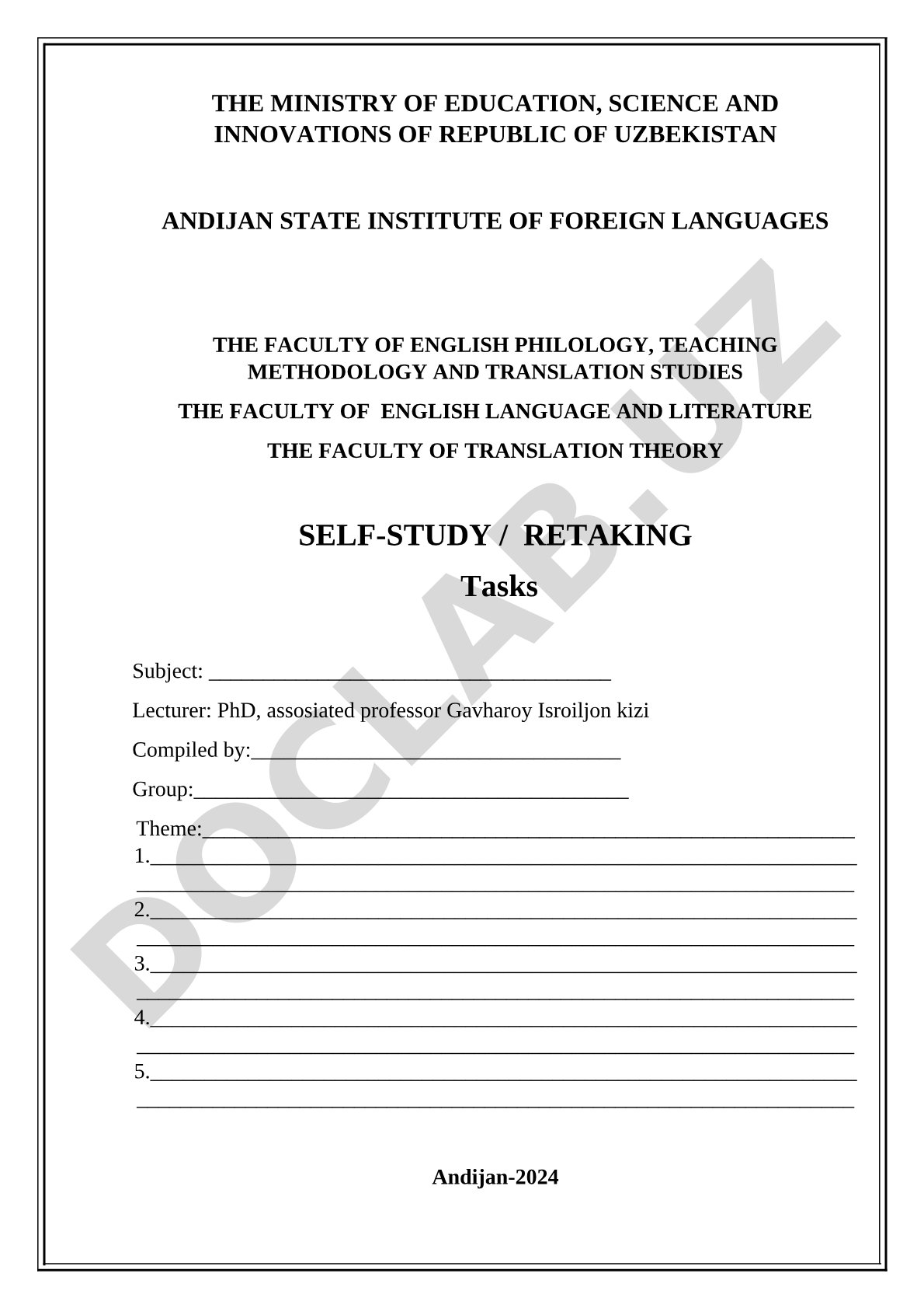 Self-Study and Retaking Tasks Form
