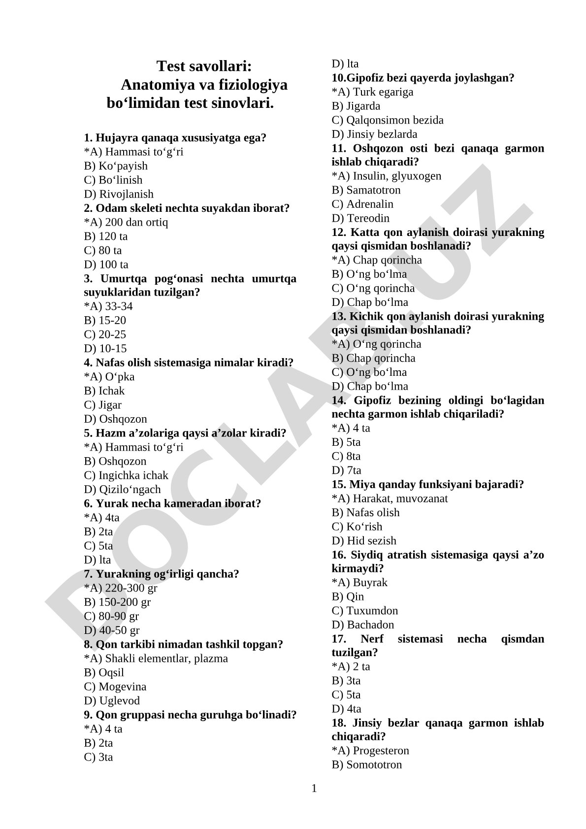 Test savollari: Anatomiya va fiziologiya bo‘limidan test sinovlari