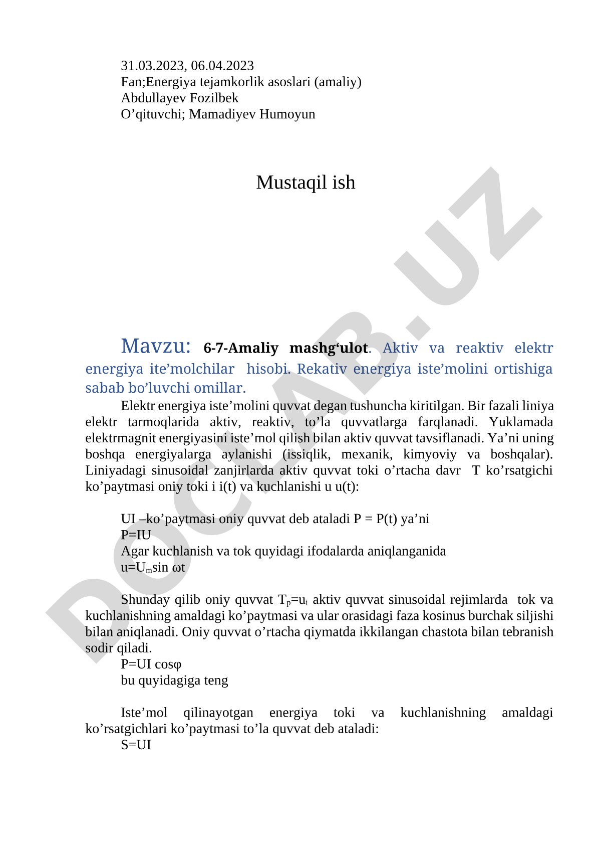 6-7-Amaliy mashg‘ulot. Aktiv va reaktiv elektr energiya ite’molchilar hisobi