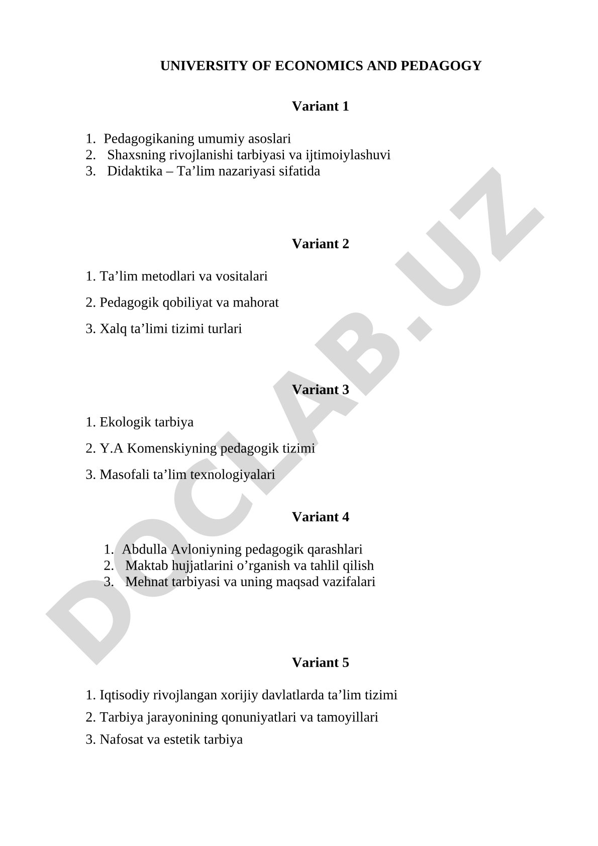 Pedagogika fanidan imtihon savollari to'plami