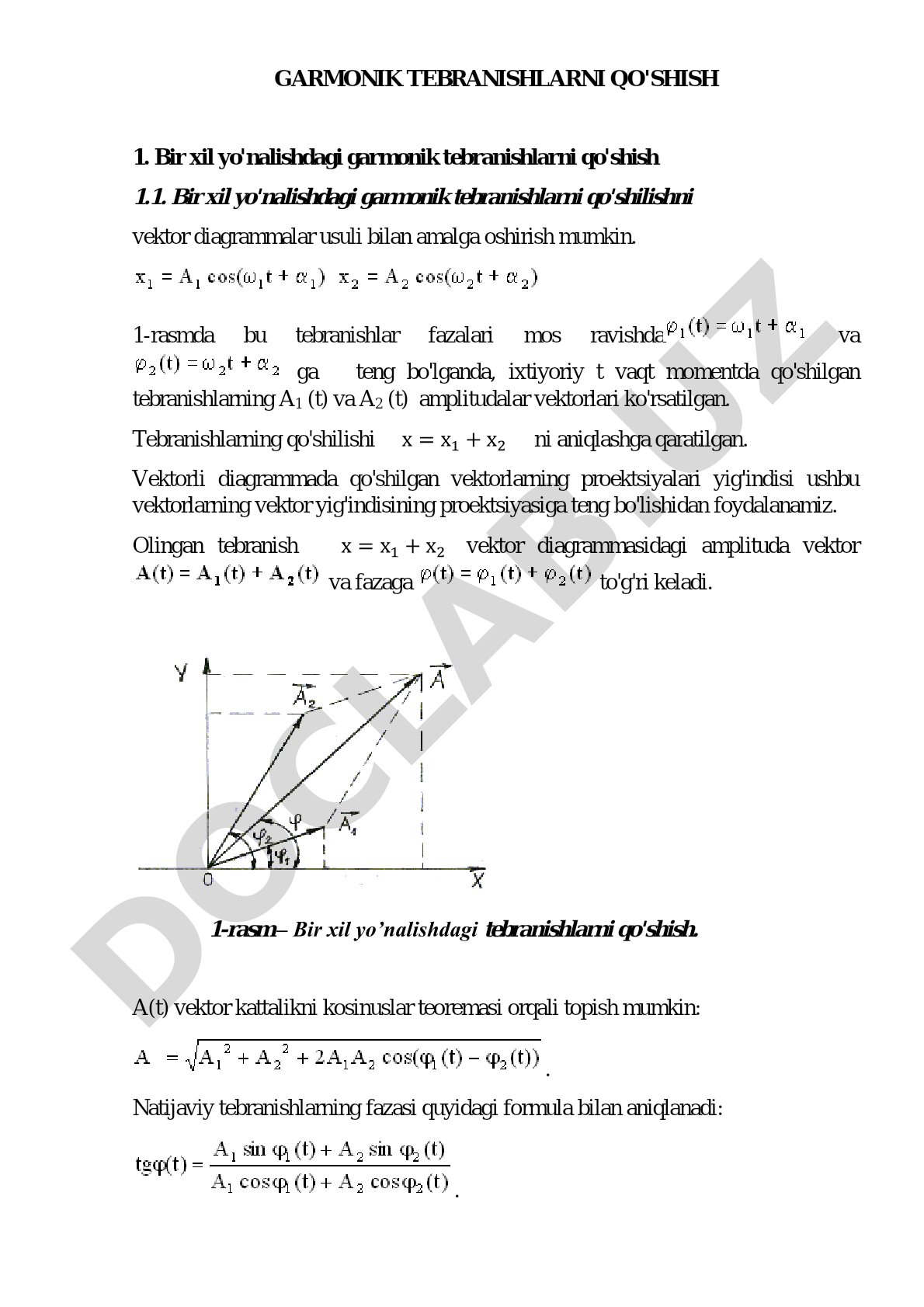 Bir xil yo'nalishdagi garmonik tebranishlarni vektor diagrammalar usulida qo'shish
