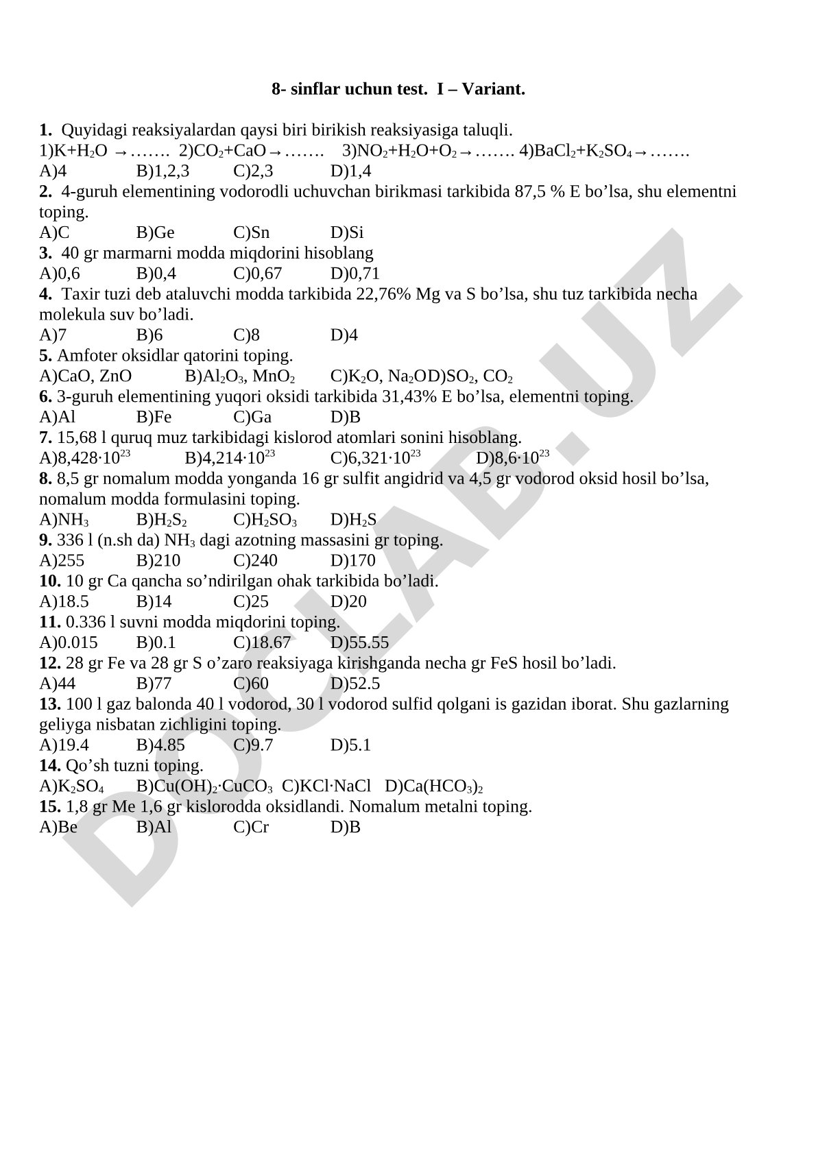 8- sinflar uchun test