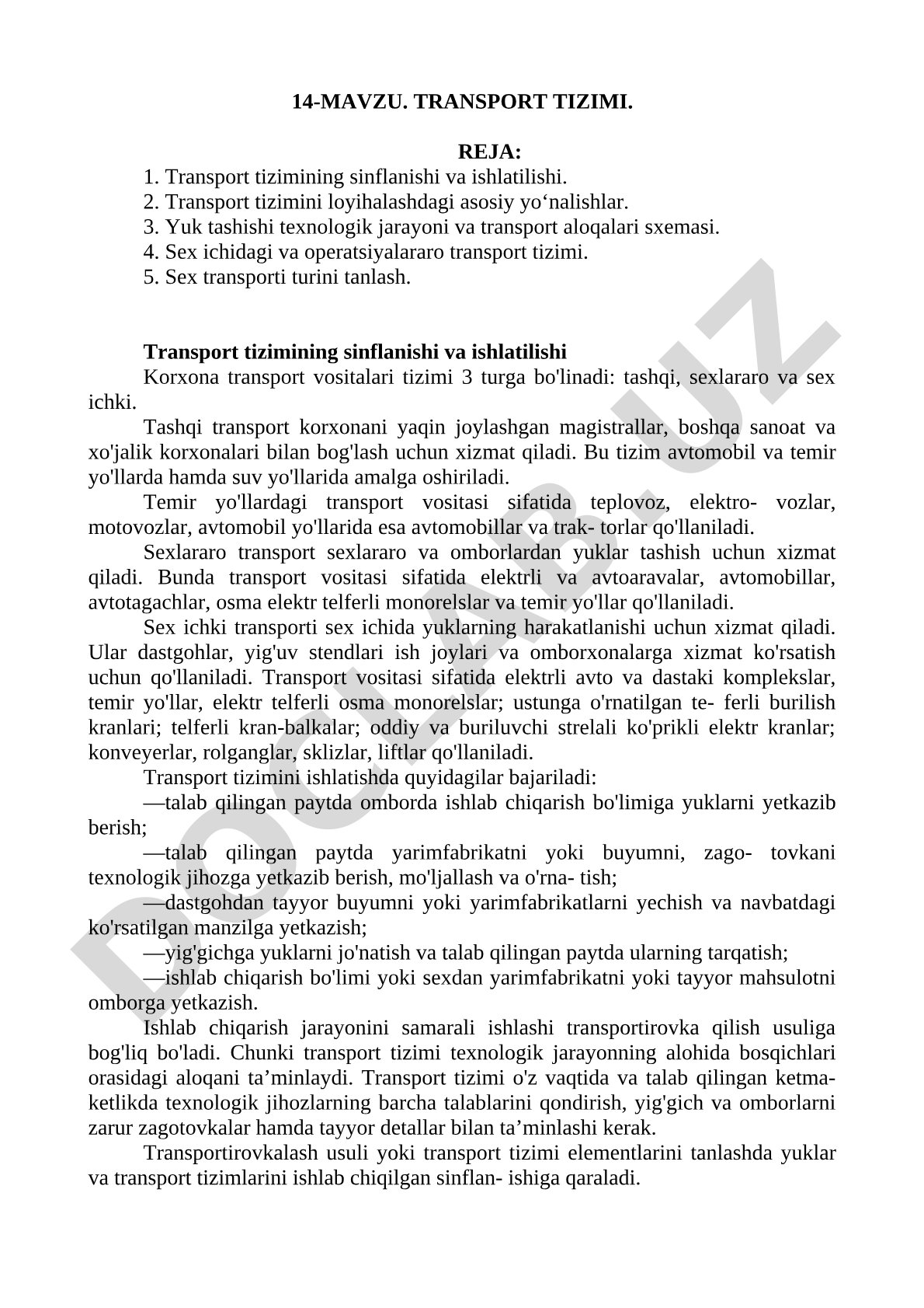 Transport tizimi turlari, sinflanishi va loyihalash yo'nalishlari yoritilgan