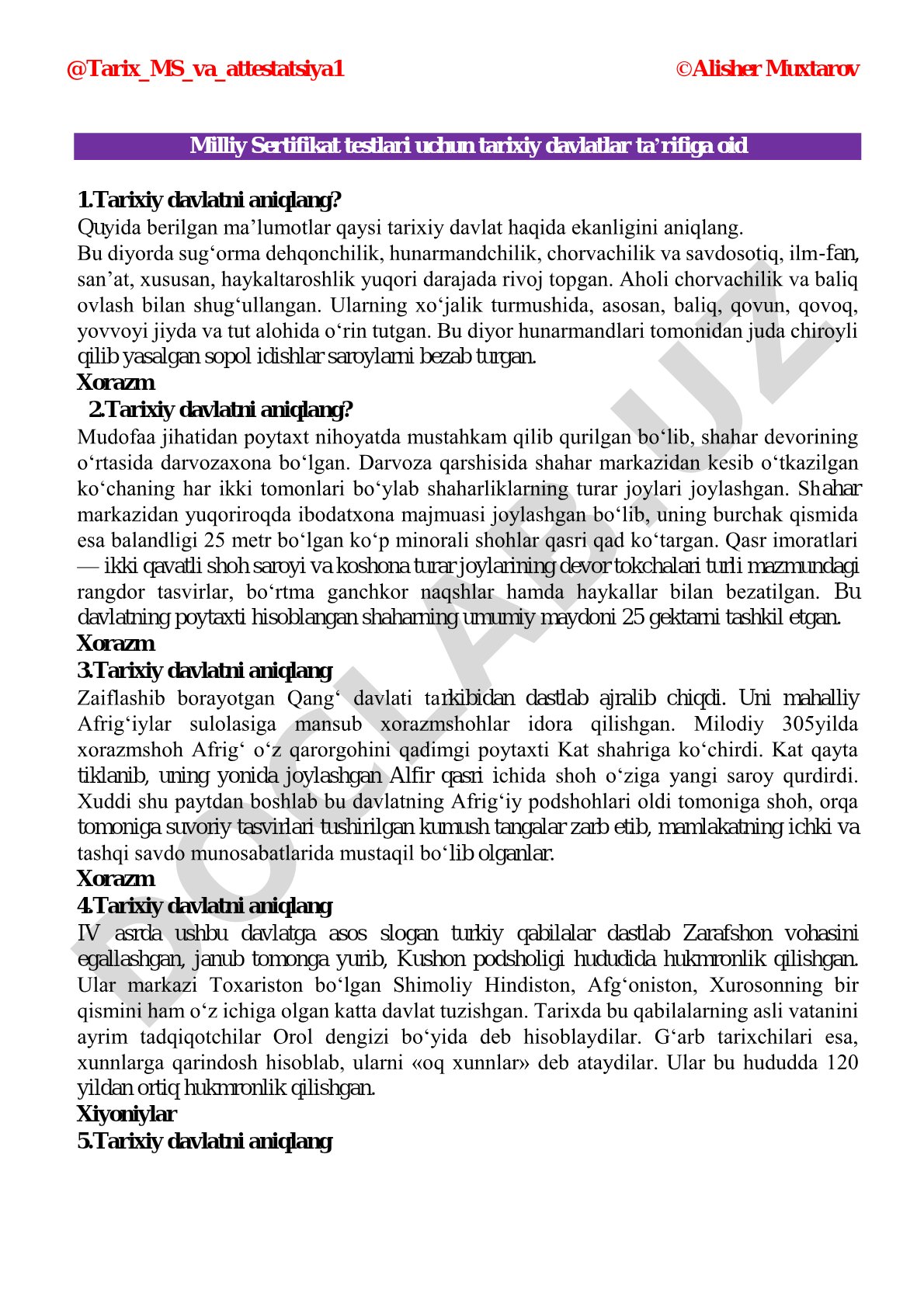 Milliy Sertifikat testlari uchun tarixiy davlatlar ta’rifiga oid