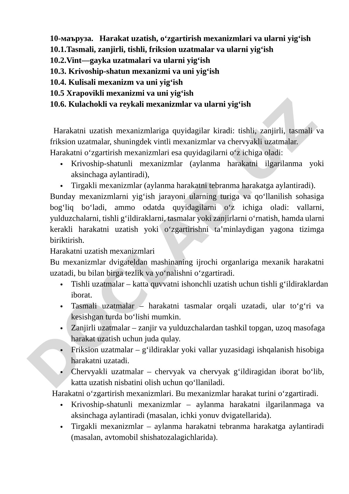 Harakat uzatish, o‘zgartirish mexanizmlari va ularni yig‘ish