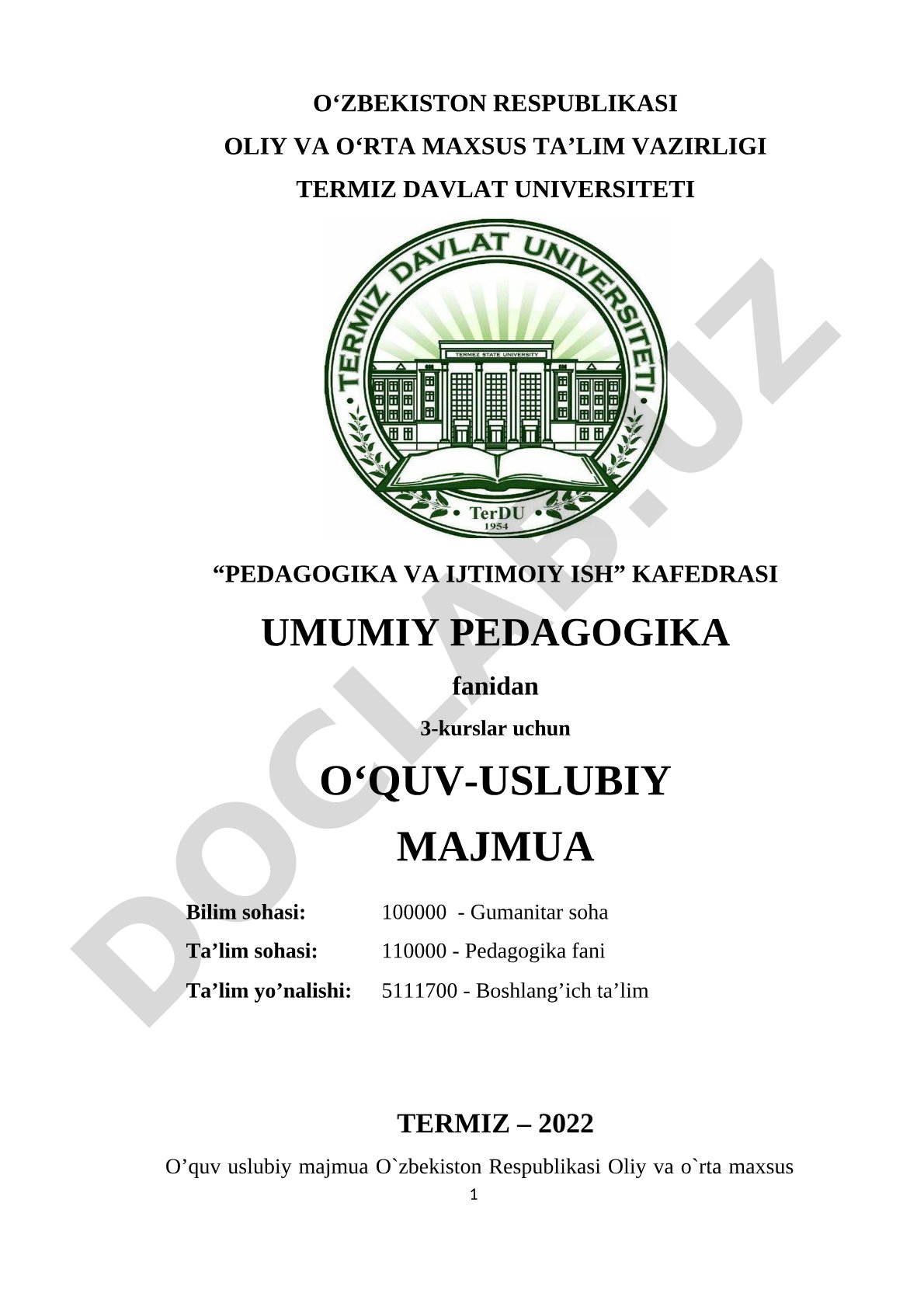 Umumiy pedagogika fanidan 3-kurslar uchun o‘quv-uslubiy majmua