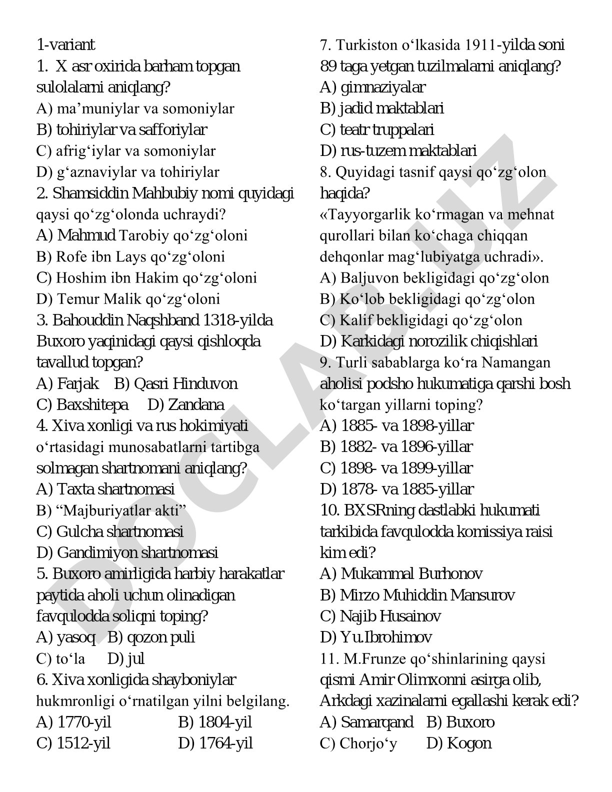O'zbekiston tarixi fanidan 1-variant test savollari